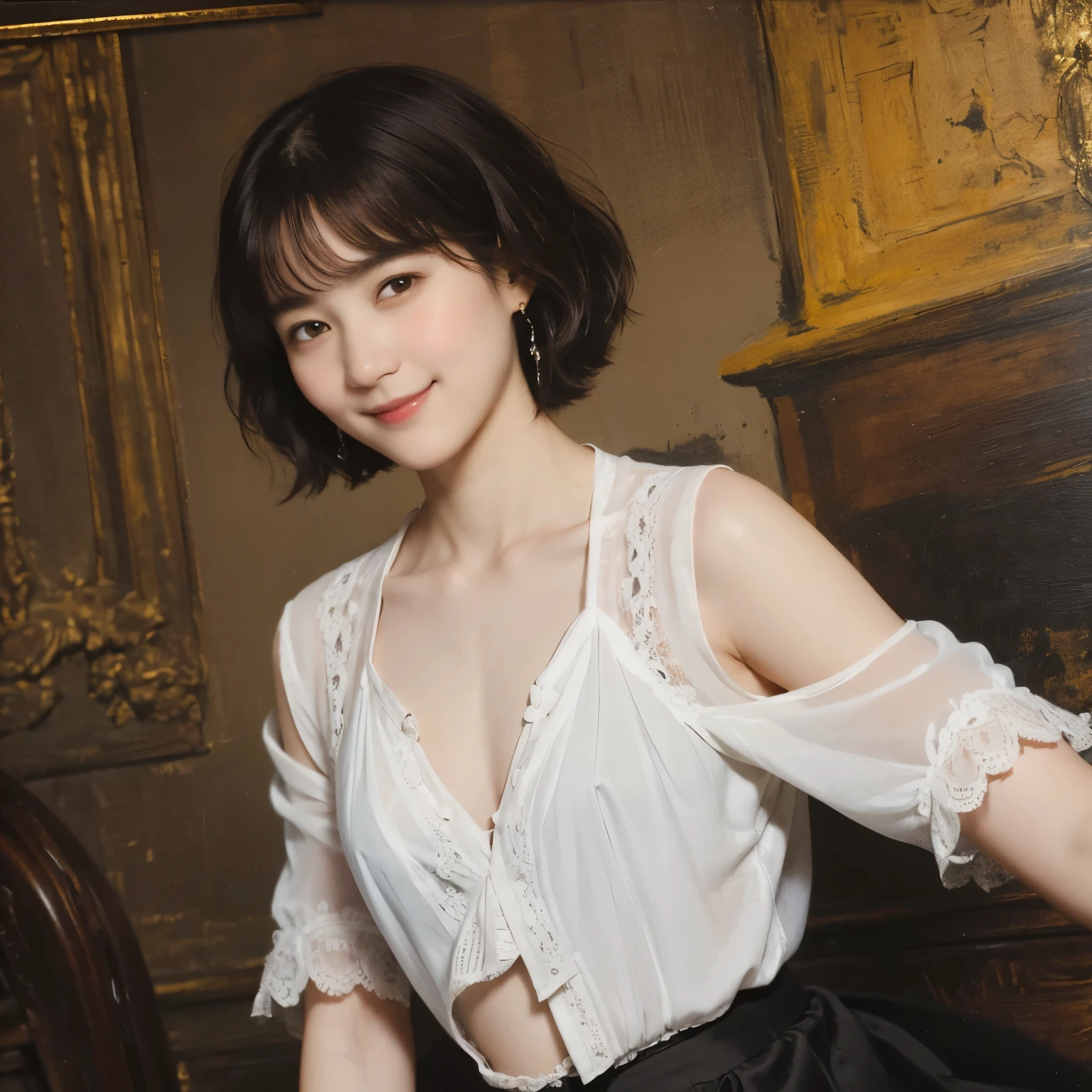 186 Short hair, 20 year old female, gentle smile, (rembrandt style painting), (chest:1.46), (wearing a skirt)
