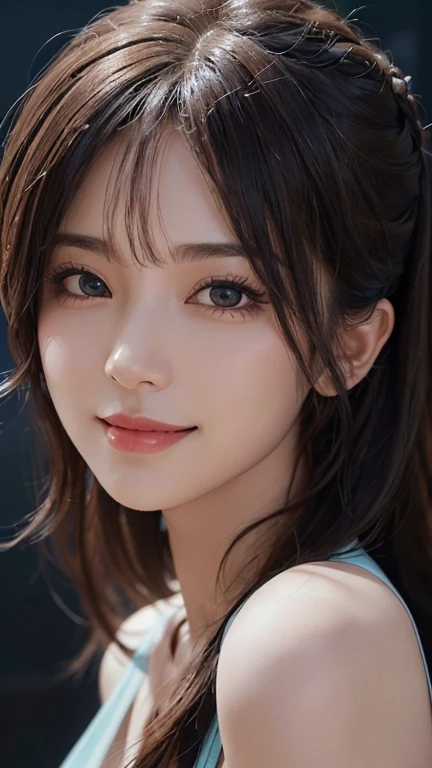 masterpiece, 1 beautiful girl, detail, swollen eyes, best quality, ultra high definition, (Reality: 1.4), original photo, 1 girl, movie lighting, Smile, Japan, asian beauty, Korean, Neat, very beautiful, Slightly younger face, beautiful skin, thin and long, cyberpunk background, (Surreal), (illustration), (High resolution), (8K), (very detailed), (best illustration), ( beautiful and detailed eyes), (super detail), (wallpaper), (detailed face), looking at the audience, fine details, detailed face, deep shadow, cautious, purebred face_v1, Smile, 46 points oblique bangs, look straight ahead, Neat clothes, black eyes, open mouth