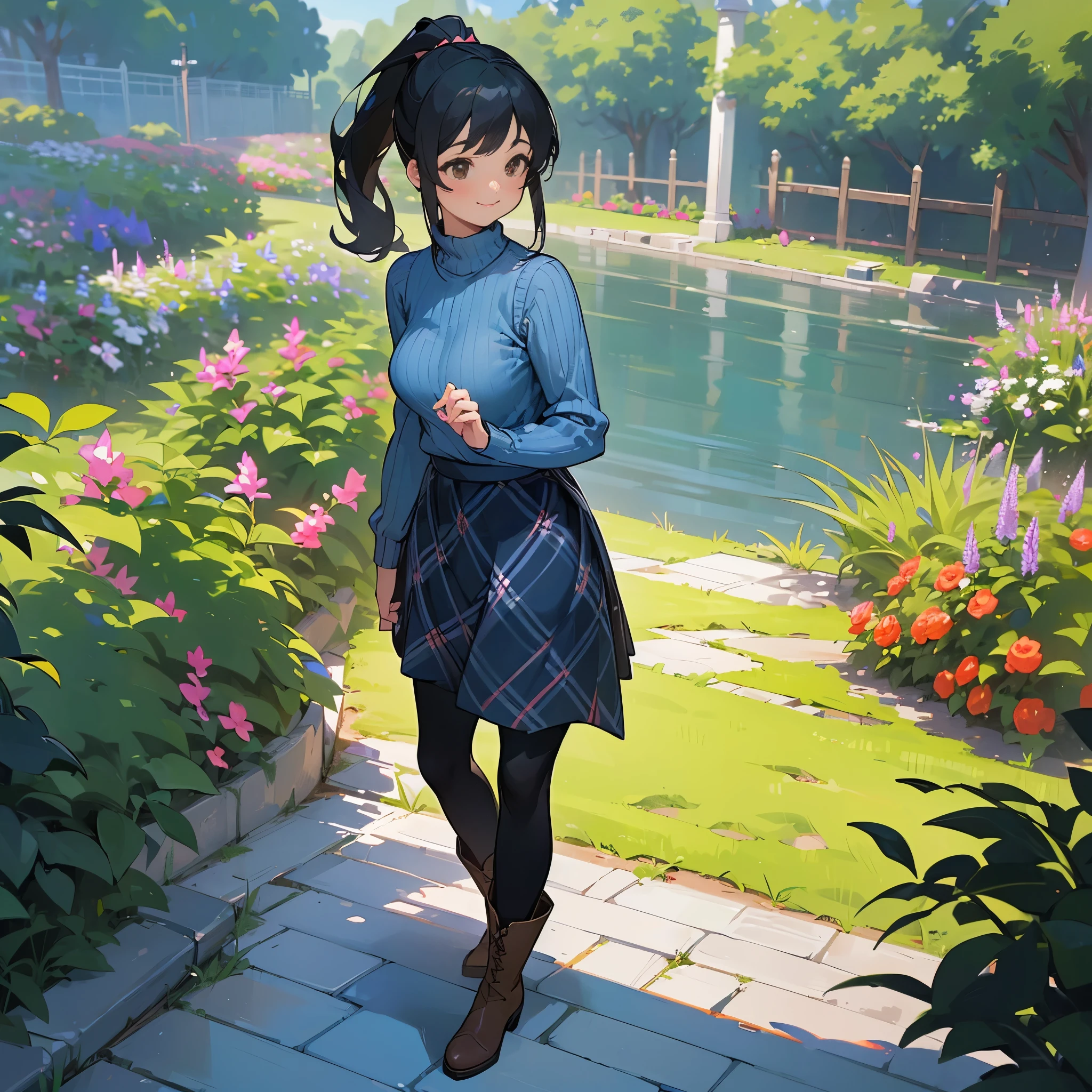 (high quality, High resolution, Super detailed, reality:1.37), peaceful atmosphere, (outdoor, garden), age girl standing alone, (my breasts are big.), Beautiful detail features, cute smile, (black hair ponytail), ribbed sweater, blue plaid skirt, black tights, brown boots.