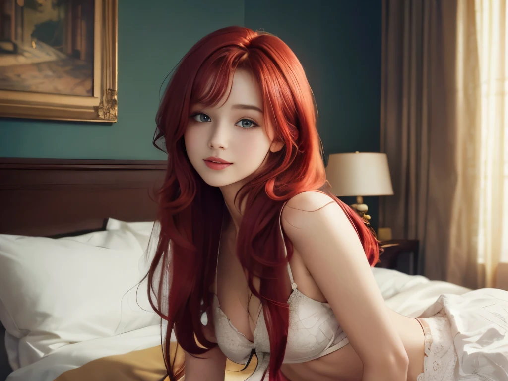 ,(masterpiece:1.3), (8K, realistic, Raw photo, highest quality: 1.4), (1 girl), beautiful face, (realistic face), (Red hair, long hair:1.3), beautiful hairstyle, realistic eyes, fine and beautiful eyes, (realistic skin), beautiful skin, , confused, charm, ultra high resolution, 超realistic, very detailed, golden ratio,red colored hair、cute face、、smile、dark hotel room、black underwear、 blue eyes、small bust、nude、on the bed、green eyes、