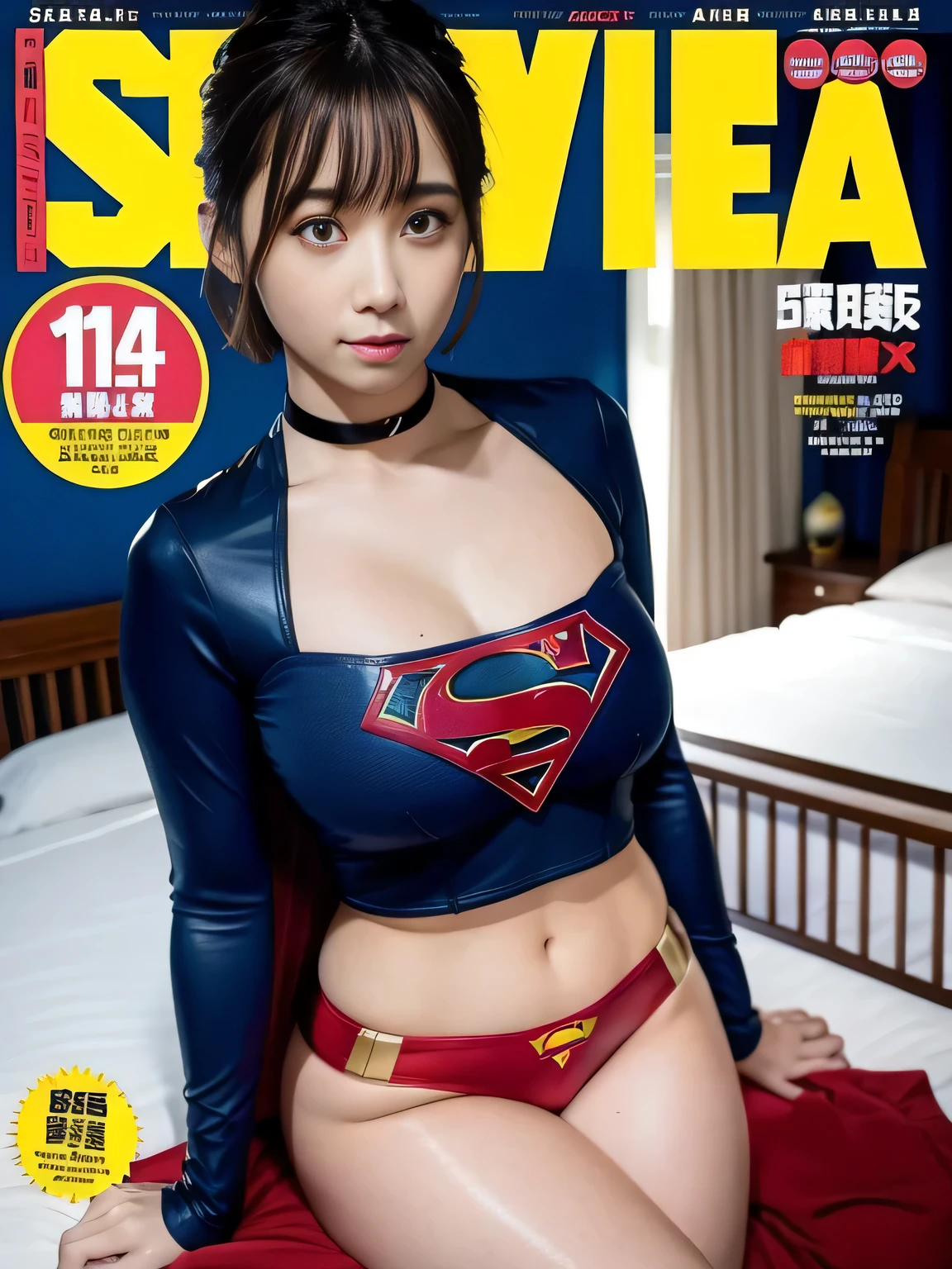 masterpiece、supergirl costume、short hair、barefoot、big and full breasts、Hotel、cum on the bed、sexy pose、athlete、shiny、looking at camera、Seduce、choker、long sleeve、red mini skirt、Weekly magazine cover、Sculpture Magazines、sweaty、radical、