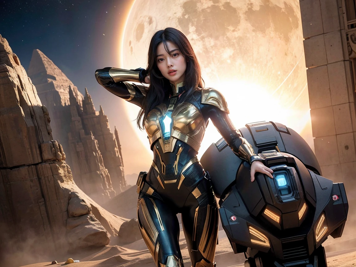 (Raw photo, highest quality), (realistic, Photoreal:1.3), 1 girl、realisticbody、egyptian battle suit costume、Meteor shower coming from space、Battle against reptilian aliens、pyramid and ray gun、smile