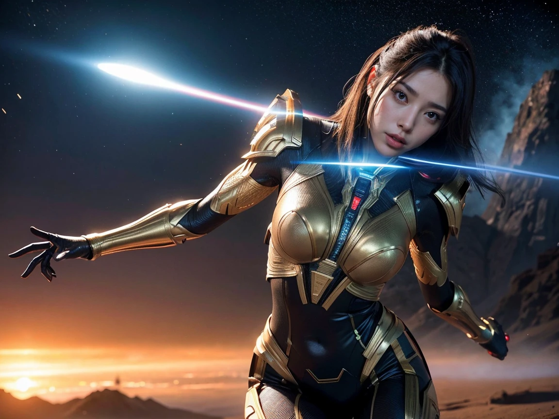 (Raw photo, highest quality), (realistic, Photoreal:1.3), 1 girl、realisticbody、egyptian battle suit costume、Meteor shower coming from space、Battle against reptilian aliens、pyramid and ray gun、smile