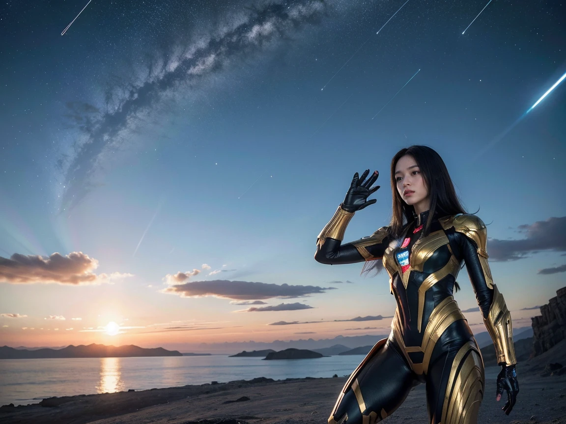 (Raw photo, highest quality), (realistic, Photoreal:1.3), 1 girl、realisticbody、egyptian battle suit costume、Meteor  coming from space、Battle against reptilian aliens、pyramid and ray gun、smile