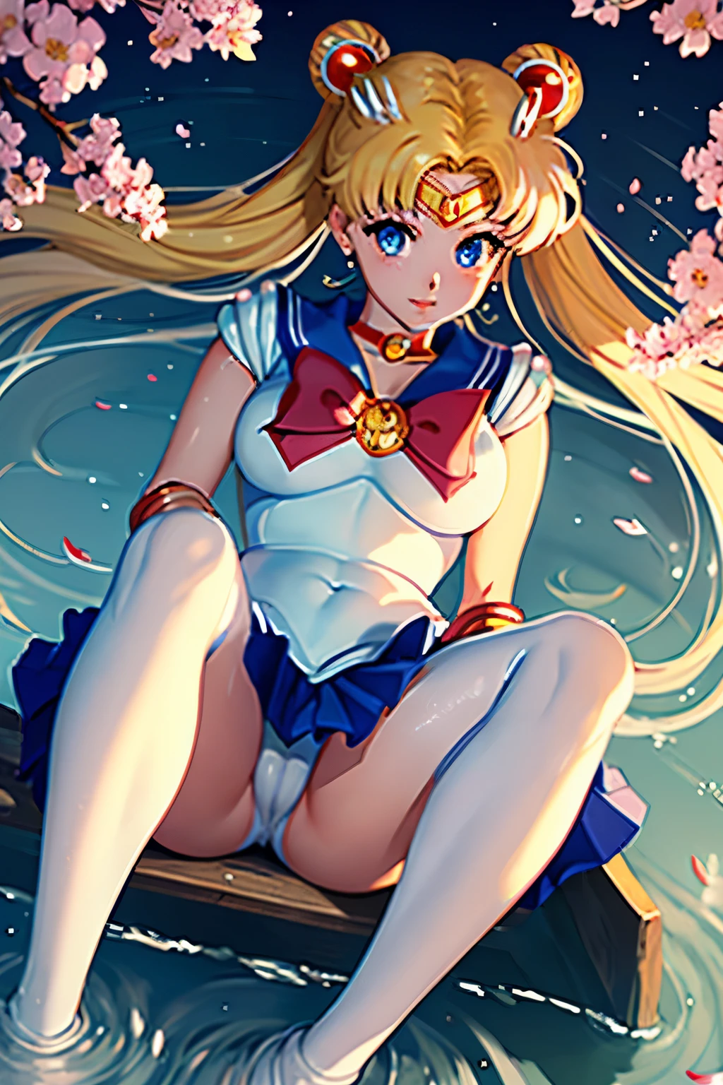 (((angle perspective from below, seeing from the perspective pantyhose, cameltoe,)))sailor moon, usagi,bicycle, bicycle basket, riding, solo, basket, 1girl, flower, shoes, water, riding bicycle, petals, outdoors, from side, cherry blossoms, chinese clothes, dress, white background, long sleeves, full body, riding a bicycle at high speed,(masterpiece), best quality, expressive eyes, perfect face,((((sailor moon)))), usagi,1girl, bicycle, blonde hair, solo, blue eyes, long hair, skirt, blue sailor collar, sailor collar, riding, double bun, , hair bun, gloves, pleated skirt, cherry blossoms, waves, twintails, blue skirt, petals, short sleeves, sailor senshi uniform, serafuku, outdoors, looking at viewer, crescent, white shirt, magical girl, water, sitting, parted bangs, shirt, miniskirt, cloud, hair ornament masterpiece, best quality, Ultra-precise depiction, Ultra-detailed depiction, official art,highres, BREAK, (extremely beautiful face),(high detailed face),beautiful detailed eyes, detailed lashes,(shiny skin), makeup,(blushing face erotic), BREAK, full body, ((toned slim body)),beautiful ass, toned buttocks, beautiful legs, BREAK, (((nice hands, perfect hands))), ((very beautiful breast)), BREAK, looking at the viewer, (((background that matches the character's situation and colors)))