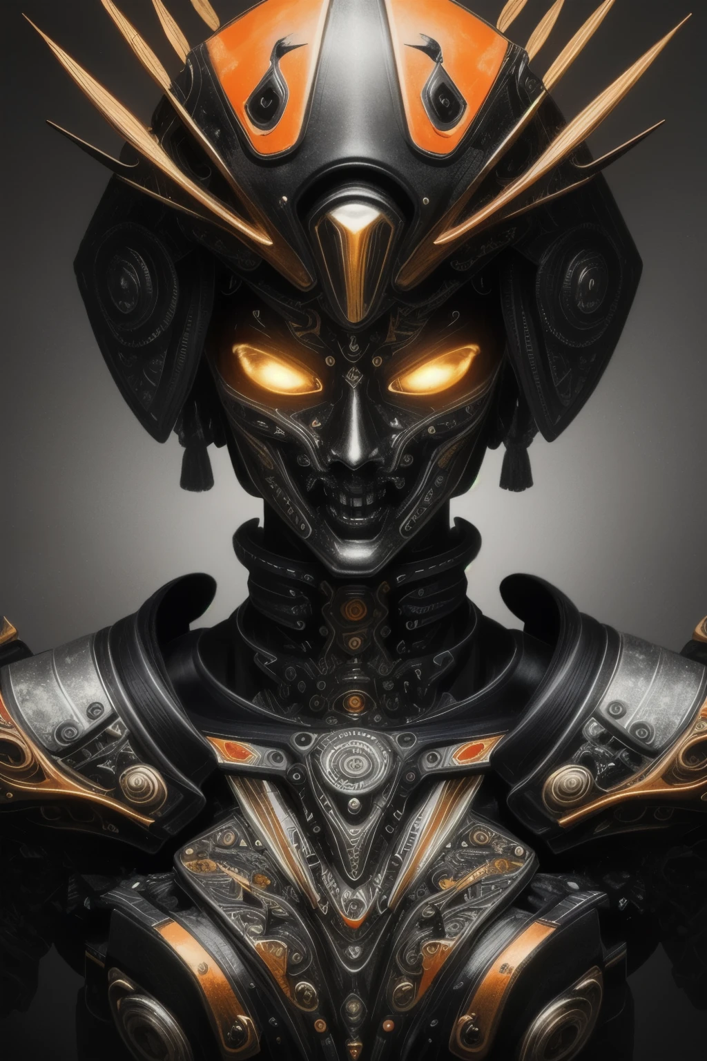 Close up symmetrical portrait of cyberpunk gang, biomechanics, mshn robot, orange red splash, surreal, intricate design, (Extremely detailed:1.4), (very small details:1.35), very sharp lines, steel, cinematic lighting, realistic, Detailed paintings by Ayami Kojima and Lilia Alvarado, (最high quality, high quality, disorganized, intricate details, masterpiece, cinematic), very detailed, motion blur, film grain, noise, Lens effects,
