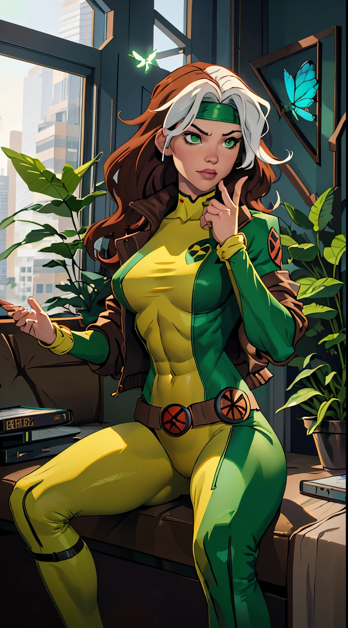 (masterpiece, best quality:1.2), classicrogue, 1girl, solo, long hair, breasts, smile, large breasts, brown hair, green eyes, jacket, big hair, white hair, multicolored hair, parted lips, open clothes, belt, two-tone hair, open jacket, lips, bodysuit, covered navel, makeup, muscular, headband, abs, skin tight, multicolored clothes, muscular female, dyed bangs, multicolored bodysuit, green bodysuit, yellow bodysuit, butterfly, bug, window, sitting, indoors, plant, book, laptop, computer, couch, looking at viewer, closed mouth, blurry, blue butterfly, potted plant, building, expressionless, depth of field, book stack, day