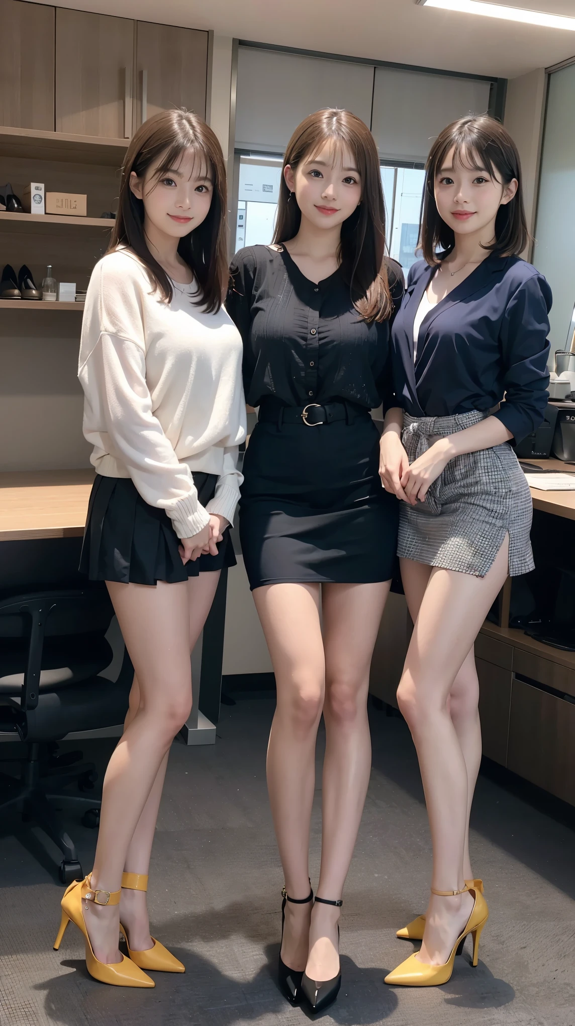 (highest quality, masterpiece, realistic, Super detailed, ultra high resolution, to be born:1.3), (3 girls:1.5), beautiful, Japanese, mature, 28yo, office workers, (tight knit, short skirt、I can see your pants), ({money| Silver| wine-red| navy| pink| yellow green| violet| sky blue} Clothes), (smile), (bangs), high waist, necklace, (office, indoor, glass room), (long legs, high heels, full body:1.2), (Medium chest:1.3), (crowd)