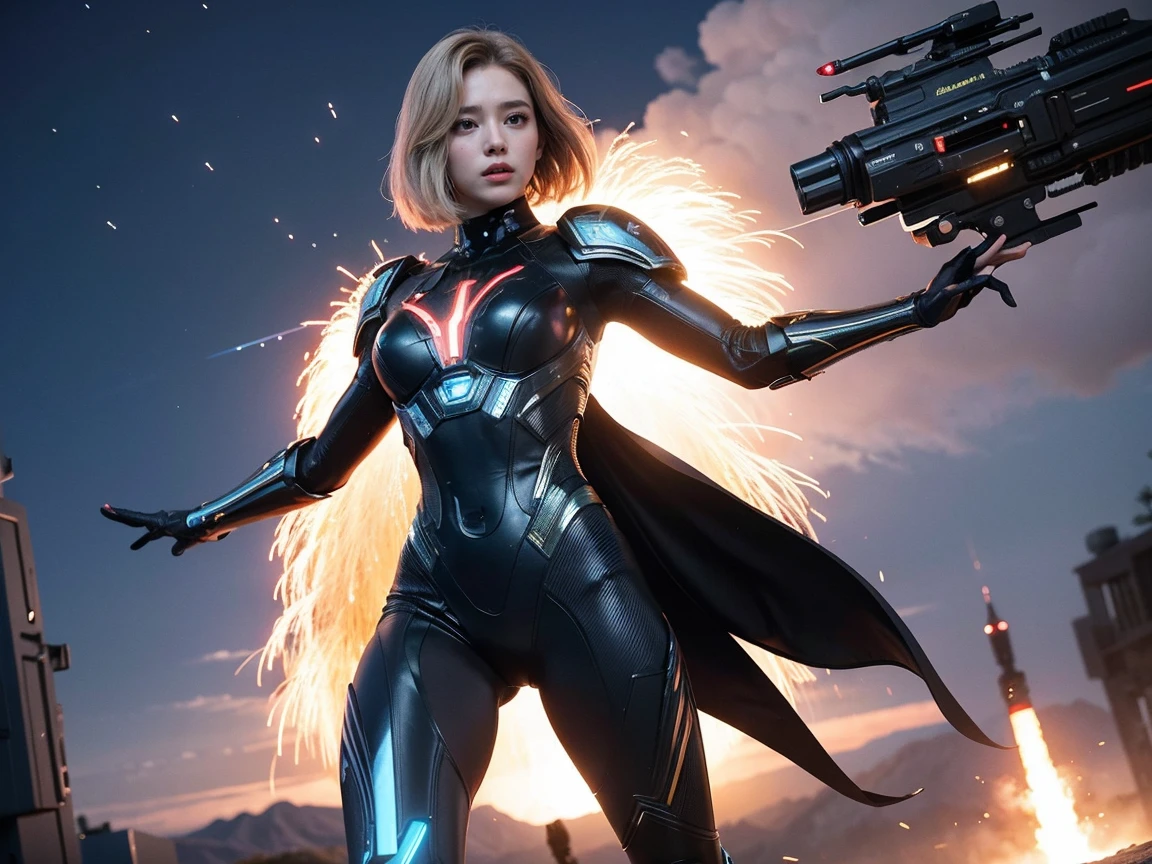 (Raw photo, highest quality), (realistic, Photoreal:1.3), 1 girl、realisticbody、Hieroglyph battle costume、Meteor warrior flying from space、Battle against reptilian aliens、bounce laser with shield、smile