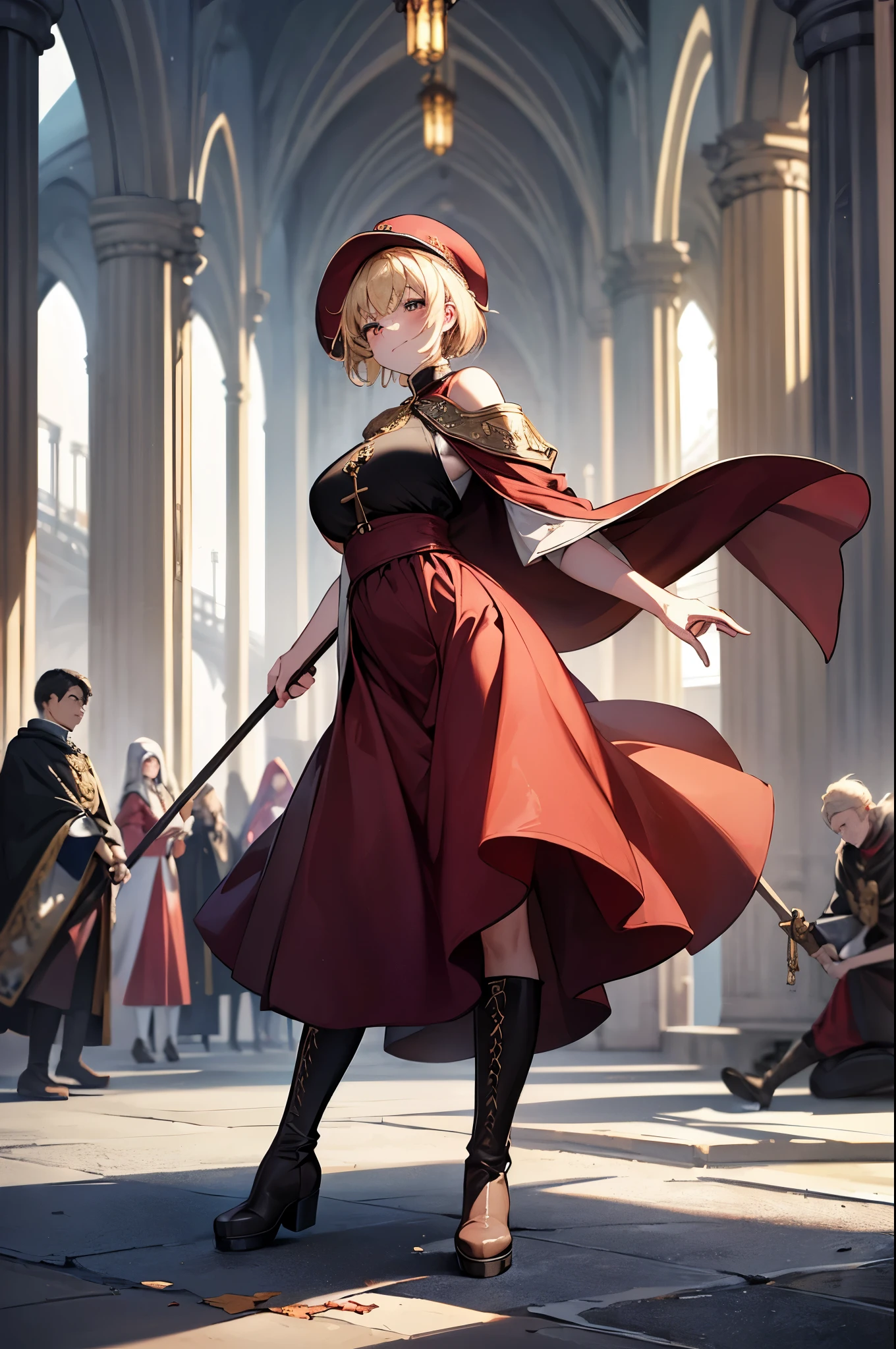 masterpiece, ultra detailed, 8k portrait, RAW photo, portrait photography, highly detailed face, beautiful and meticulous eyes, ((Fantasy)), Young beautiful, dynamic pose, kind face, smile, (((Blonde very short hair, bangs))), ((Priest)), wood necklace, clergy hat, (((long cloak))) fluttering in the wind, (((dark dull red oversized Priest tunic))), (((long skirt)), (((low boots))), ((holding long wood staff)), big shoulder bag, Midday Sun, hyper realistic, Body model, Big breasts, Beautiful breasts, Long legs, in the crowd, Ambient lighting, Shadow details , Camera focus on face, strong breeze, Light fog