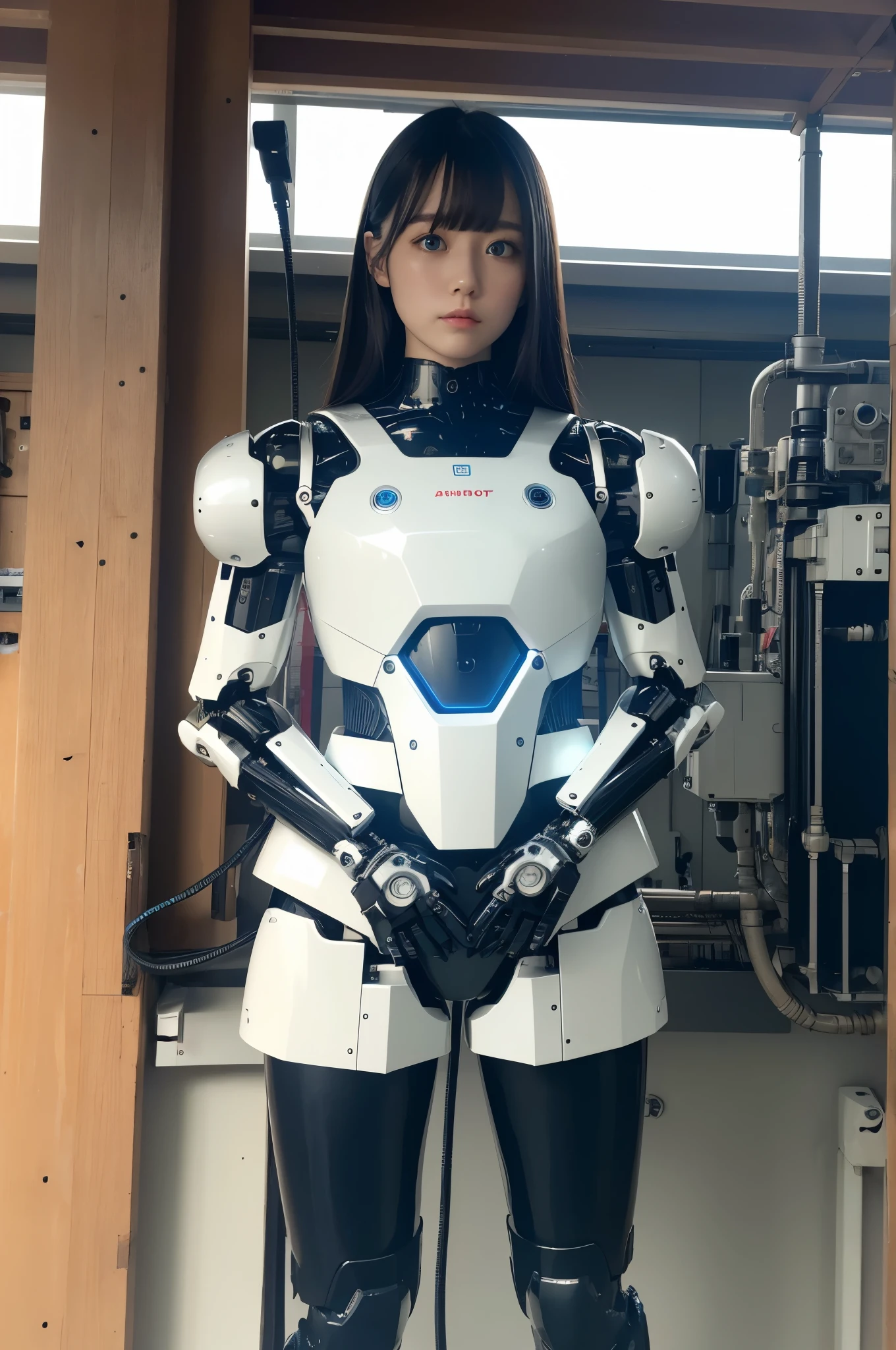 masterpiece, best quality, extremely detailed,8k portrait,Japaese android girl,Plump , control panels,android,Droid,Mechanical Hand, Robot arms and legs, Black hair,Blunt bangs,perfect robot girl,long tube,thick cable connected her neck,japanese cyborg girl ,android assembly plant,connecting a cable between the legs,white robot body,mechanical body,mouton boots,(blue eyes:1.5)
