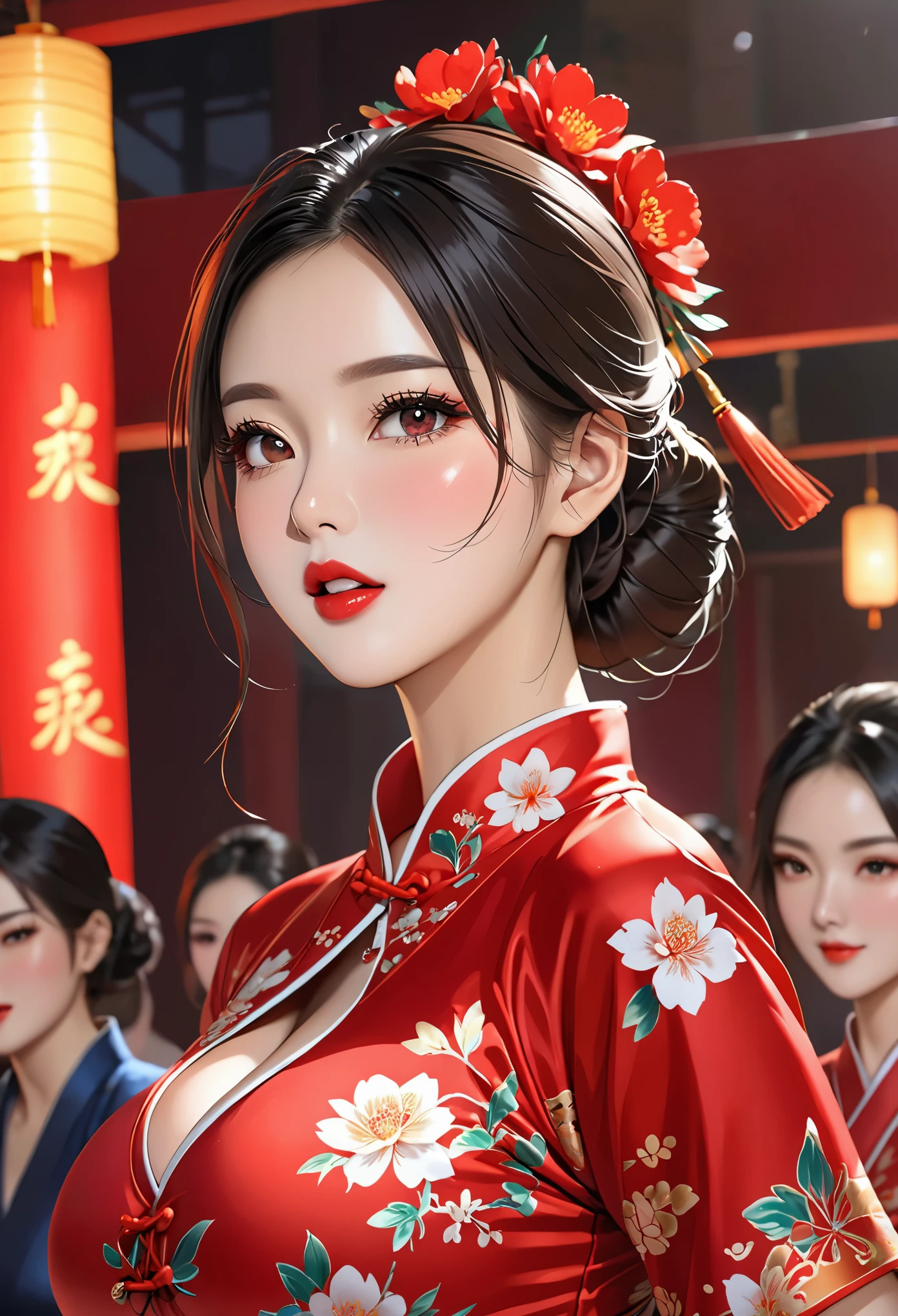 1 girl,Upper body,Robbery girls,Chinese dress,Chinese clothes,hair flower,(masterpiece:1.4),(best quality:1.4),(shiny skin),red lips,looking at the audience,Big breasts,open lips