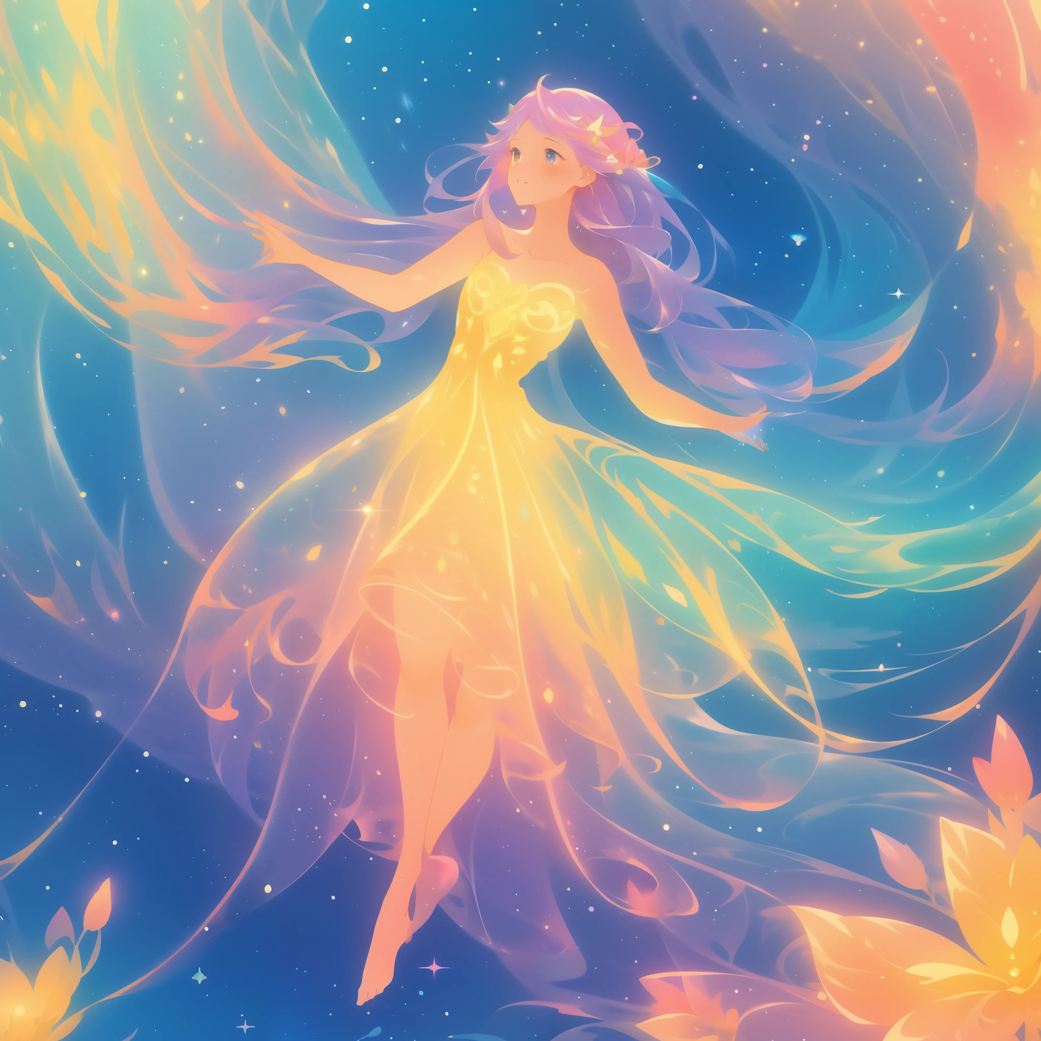 beautiful fairy girl in a flowing colorful dress, long flowing hair, colorful fantasia background, watercolor illustration, disney art style, glowing aura around her, glowing lights, beautiful digital illustration, fantasia otherworldly landscape plants flowers, beautiful, masterpiece, best quality, anime disney style, beautiful face, golden ratio, sharp focus, intricate details