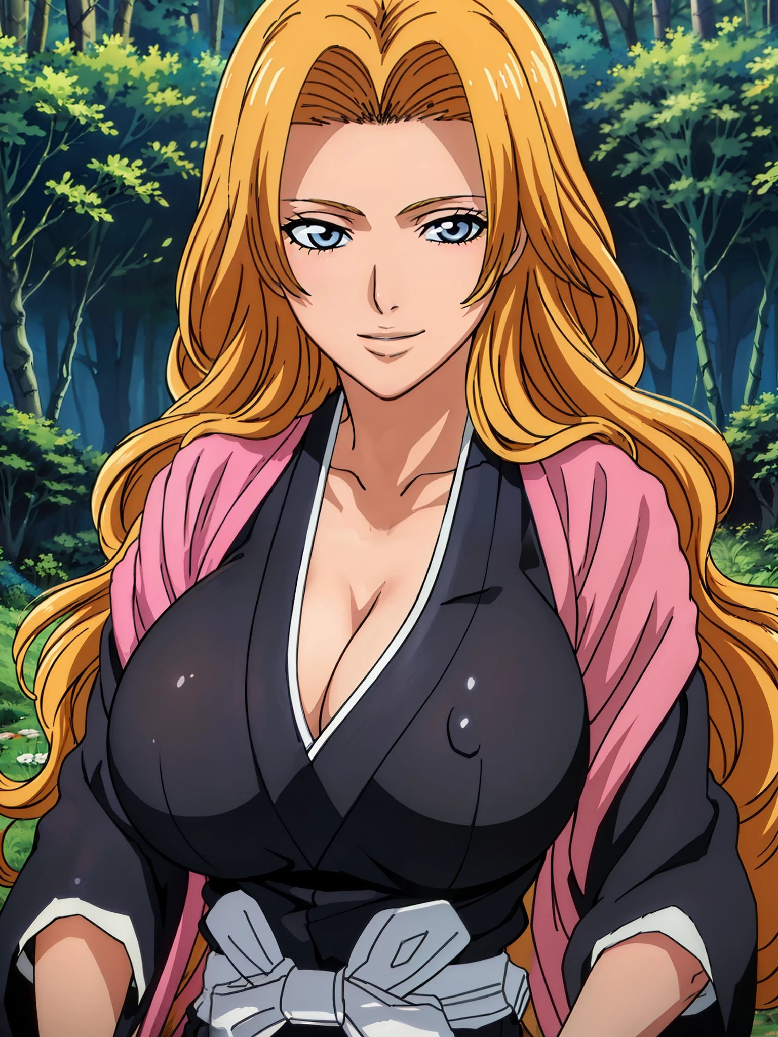 ninja outfit, (forest background), matsumoto rangiku, takeda hiromitsu style, anime cels style, best quality, high resolution, (huge breasts:1.3), cowboy shot, (potrait body), blush, smiling, blue eyes, Blonde hair, bangs,Long_hair, 1 girl, looking at viewer