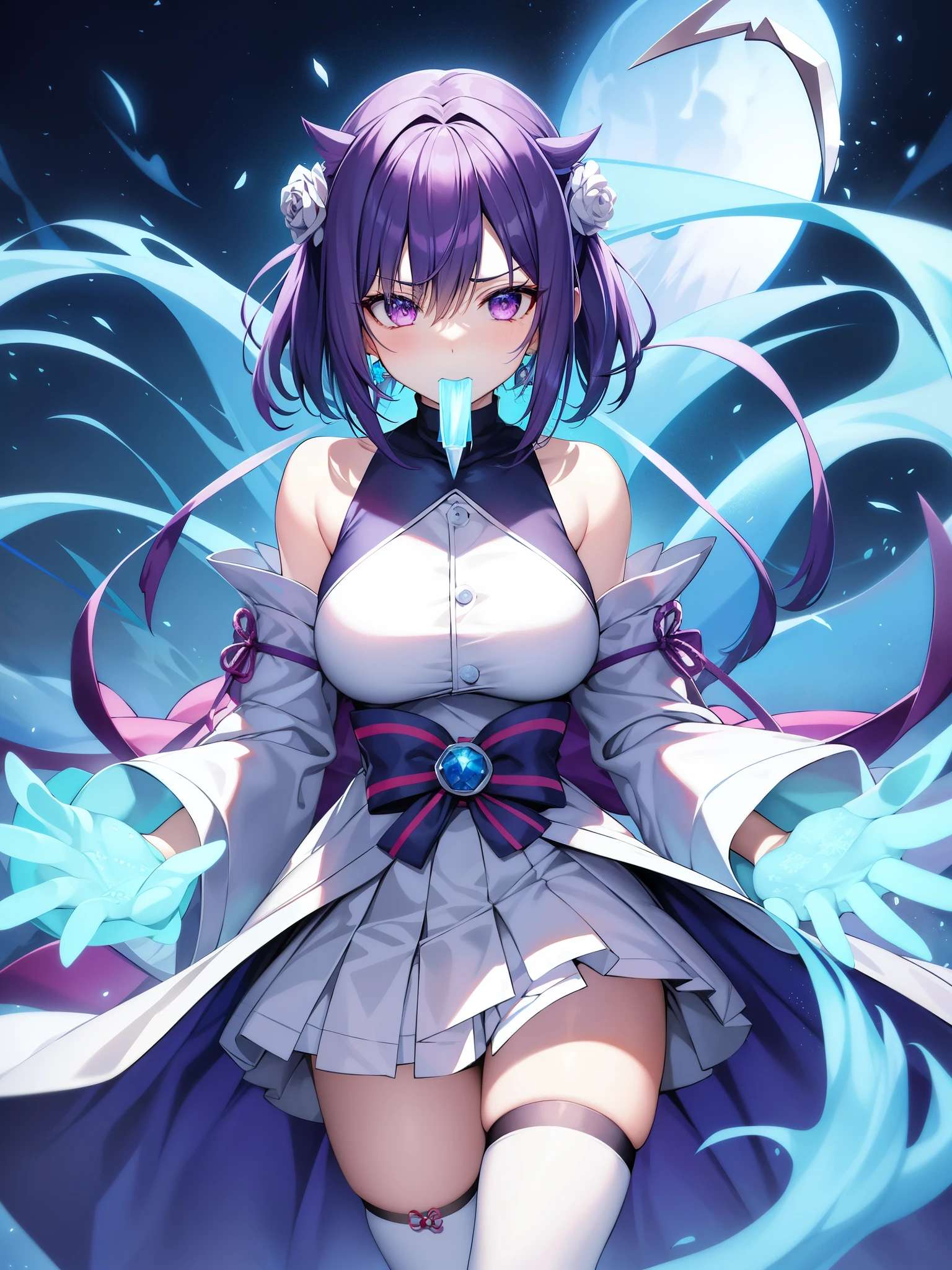 Rosario and Vampire、Yokai Gakuen、monster school、Snow white sleet、Big breasts snow girl、Big breasts snow girl、Big breasts snow girl、purple hair、short hair、Wearing hoodie-like clothes with exposed shoulders、A girl whose trademark is striped knee socks.。Generally expressionless and has a cool personality that doesn't like getting along with others.。Chewing candy。His hands turned into giant ice claws.、It can instantly freeze anything it touches with its claws.。There is also a yandere-like aspect.、If you put it in ice, it will pierce the nails.。In the battle against the land of fairy tales、Together with Kum, he risks his life to save Moka.。Then, she learned the nature of the Yuki-onna and the rules of the village.、It can also attack with blades made by freezing moisture underground or in the air.、You can also create and manipulate ice puppets that look just like you.。Technique to fire countless ice kunai「Zero Ri/Hail Bullet(Reiri Ryuhyodan)」to experience。I always have homemade cold candy in my mouth to keep myself cool.、Now he says it's a symbol of time spent with friends.。Combining Japanese style and punk、Make me put candy in my mouth like a delinquent、A character created from the visuals.。