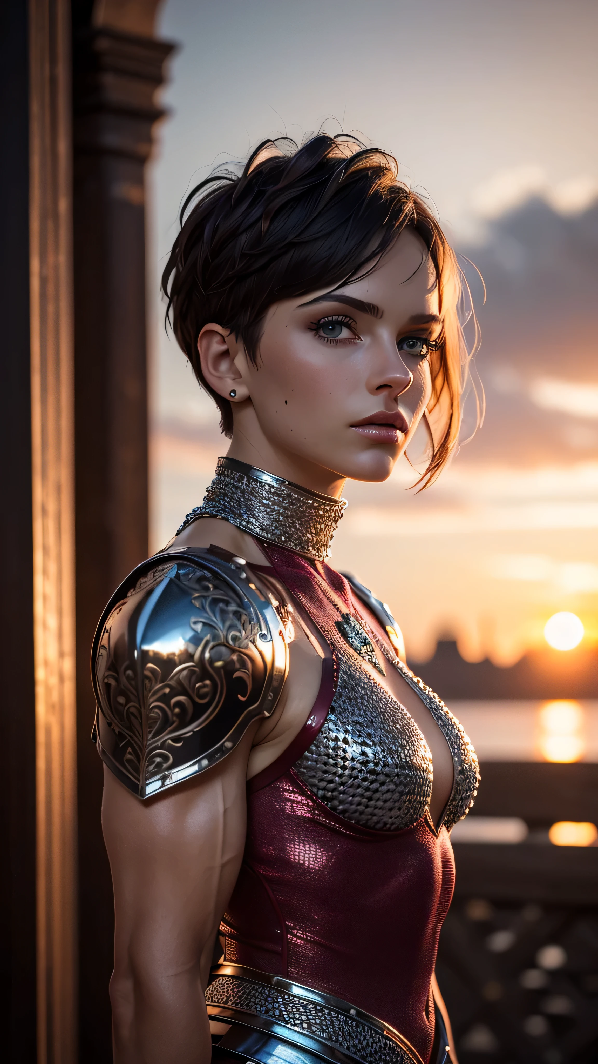 (masterpiece, photorealistic:1.4, extremely intricate:1.3), (photon mapping, radiosity, physically based rendering, ultra resolution, hyper-realistic, photorealistic:1.4, hyper-realistic, 8K), muscular girl, ((red velvet cape cloak, chrome perfectchainmail armor:1.0, ([flat chest:medium breasts:0.6], portrait, upper body, (humid, humid cleavage)))), metal reflections, walking outdoors, intense sunlight, far away waterfall castle, professional photograph of a stunning woman, (short undercut dark shaved hair, dynamic pose), sharp focus, dramatic, award winning, cinematic lighting, (film grain, bokeh, interaction, sunrise)
