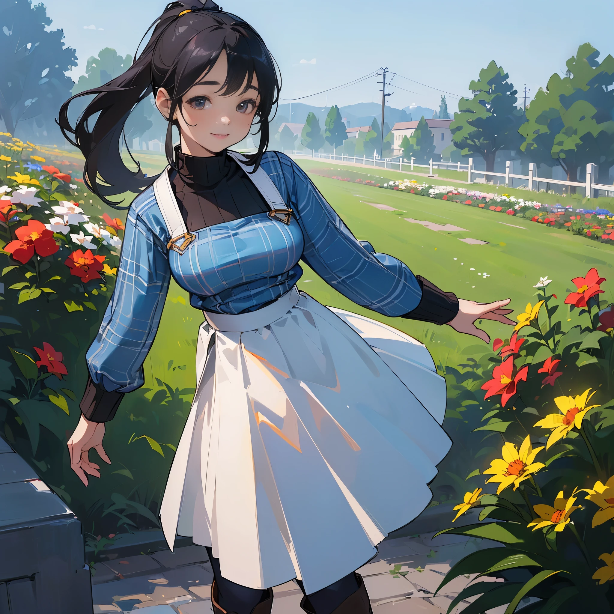 (high quality, High resolution, Super detailed, reality:1.37), peaceful atmosphere, (outdoor, garden), teenage girl standing alone, (my breasts are big.), Beautiful detail features, cute smile, (black hair ponytail), ribbed sweater, blue plaid skirt, black tights, brown boots.