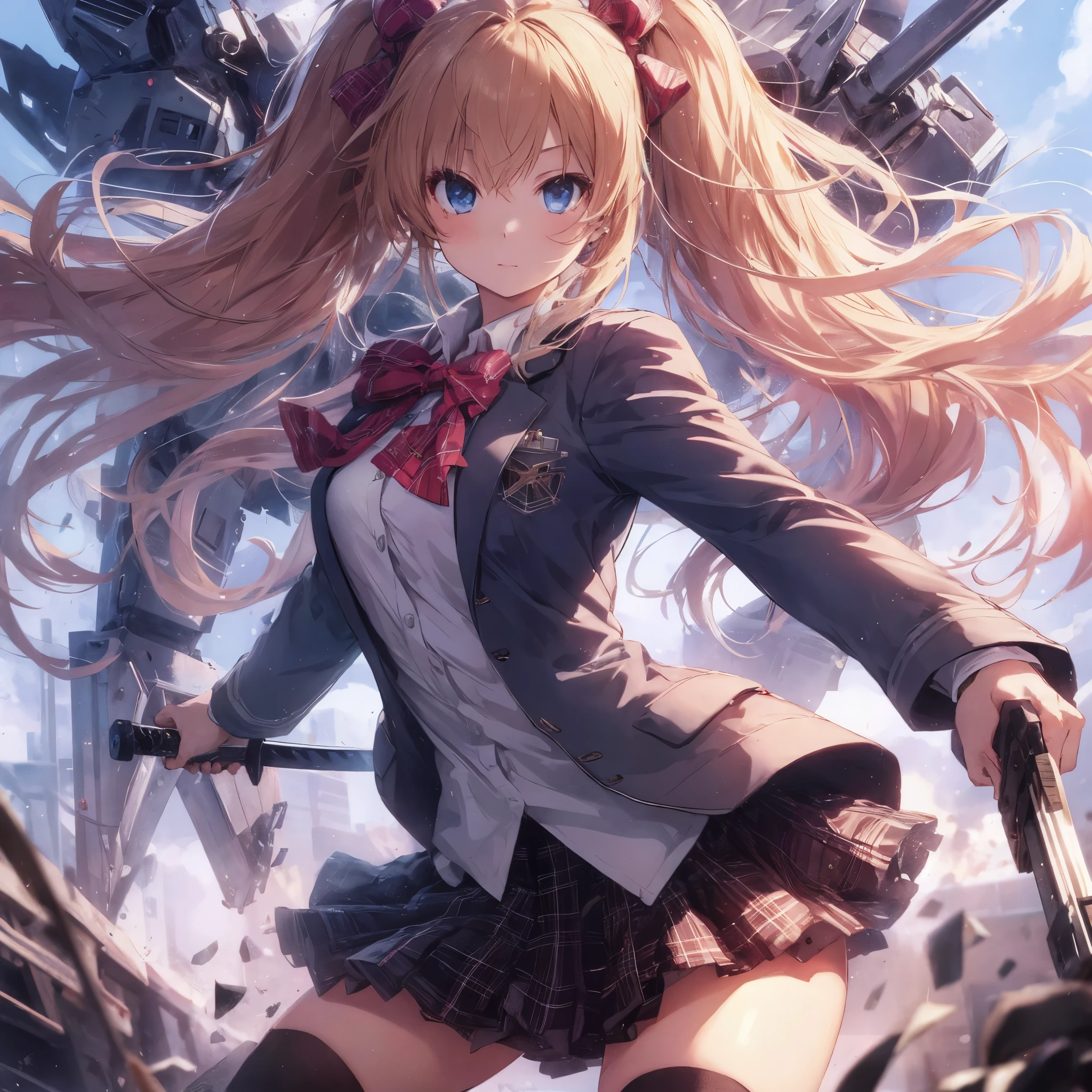 absurdres, absolutely resolution, incredibly absurdres, highres, ultra detailed, official art, unity 8k wallpaper,
BREAK
1 girl, soro, twintails, long hair, blonde hair, bow, blazer, plaid skirt, over black legwear, loafers, serious, blue eyes,
BlazerCardigan, reaching out,
BREAK
holding katana, holding sheath, fighting stance, blast,
BREAK
explosion behind girl, broken mecha, broken robot.