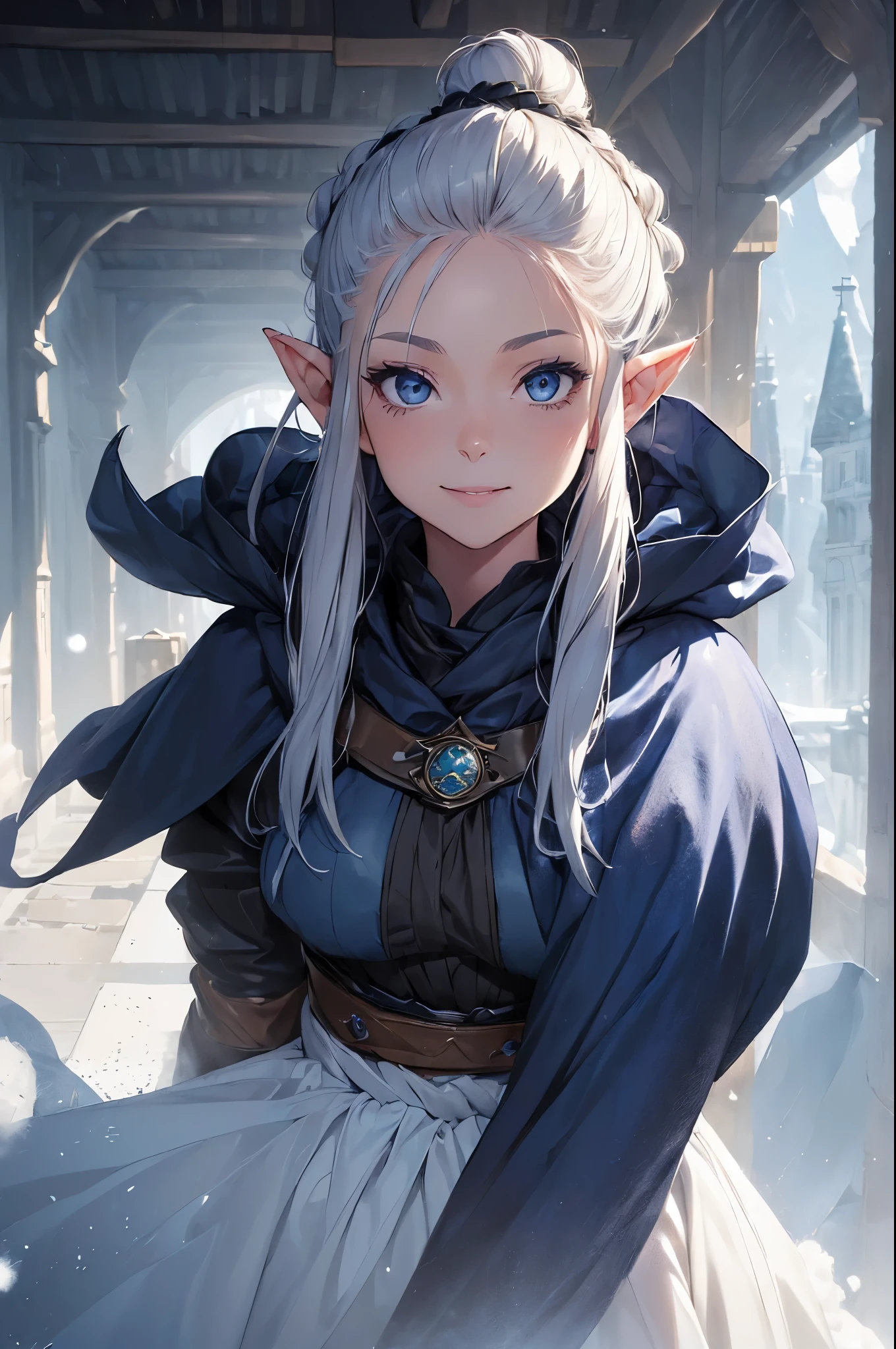 (((((girl))))), masterpiece, ultra detailed, 8K Portrait, Raw photo, woman's portrait photography, full body, Highly detailed face, mischievous childish smile, ((Fantasy)), (((hobbit))), ((Adult)), 45 years old, 110cm, (((ALCHEMIST))), ((tanned skin)), (((olive colored short bob topknot hair))), (((blunt bangs))), (((dark blue silk long Fluffy cloak))) Fluttering in the wind, (((white inner coat))), long skirt, leather gloves, Midday sun, Hyper realistic, Slender body, by the snowy castle, Ambient lighting, Shadow details, Camera focus on face, strong breeze, Light fog
