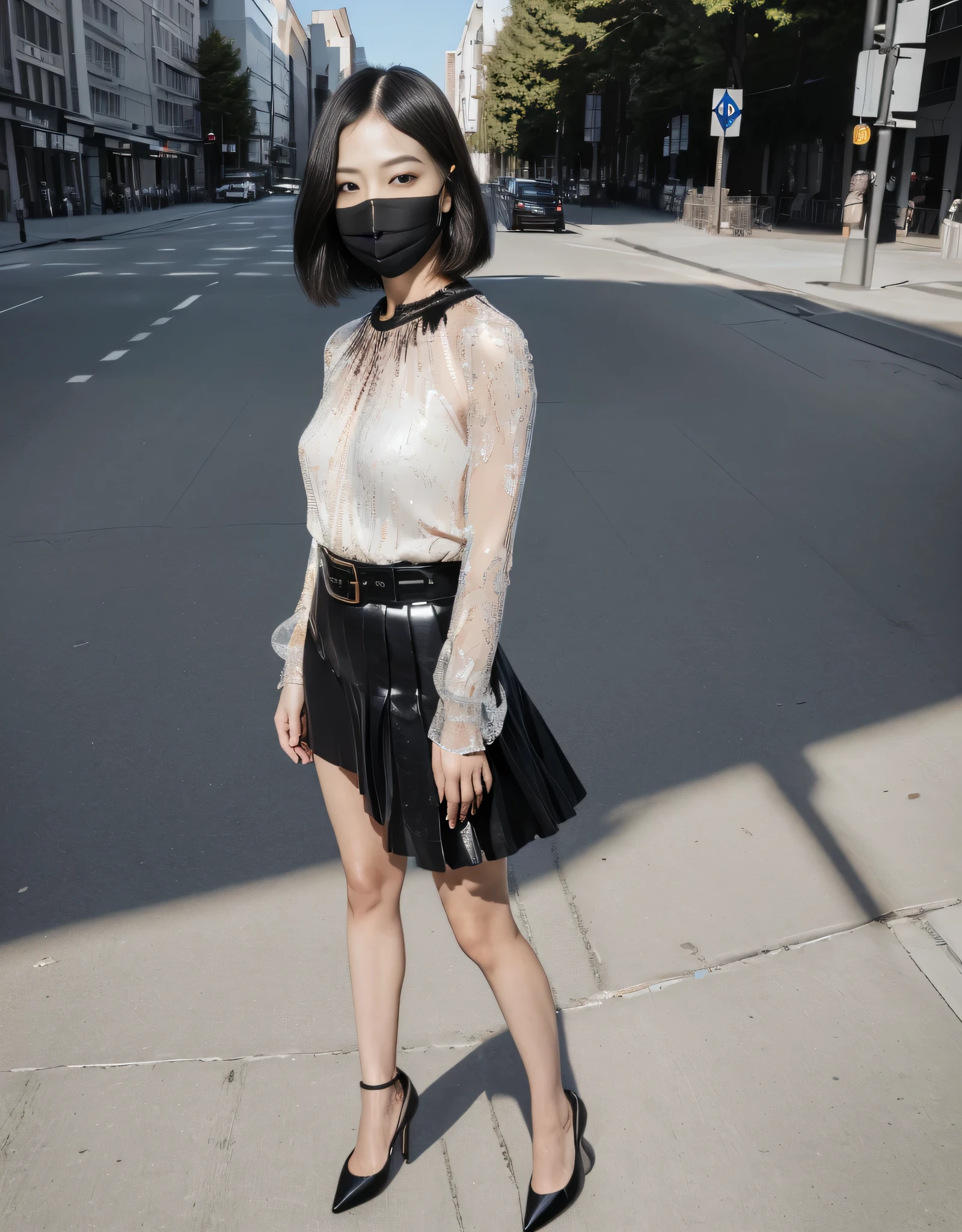 (surreal:1.4), (correct anatomy:1.3), (masterpiece, very detailed:1.3), (ultra high resolution:1.5), (Raw photo:1.4), (real human face:1.6), five fingers, 1 female, japanese woman, 31 years old, (he wears a black mask over his mouth:1.2), best hand, (slightly longer bob hair:1.2), Brown_hair, perfect charming face, Beautiful shining eyes of light, I raised my eyes a little, eyelash, big glossy lips, (blouse, skirt), belt,
Are standing, (full body shot:1.7), (I'm wearing black pointed toe pumps), good hand, good legs, (street:1.5), (sunlight), null:1.3,