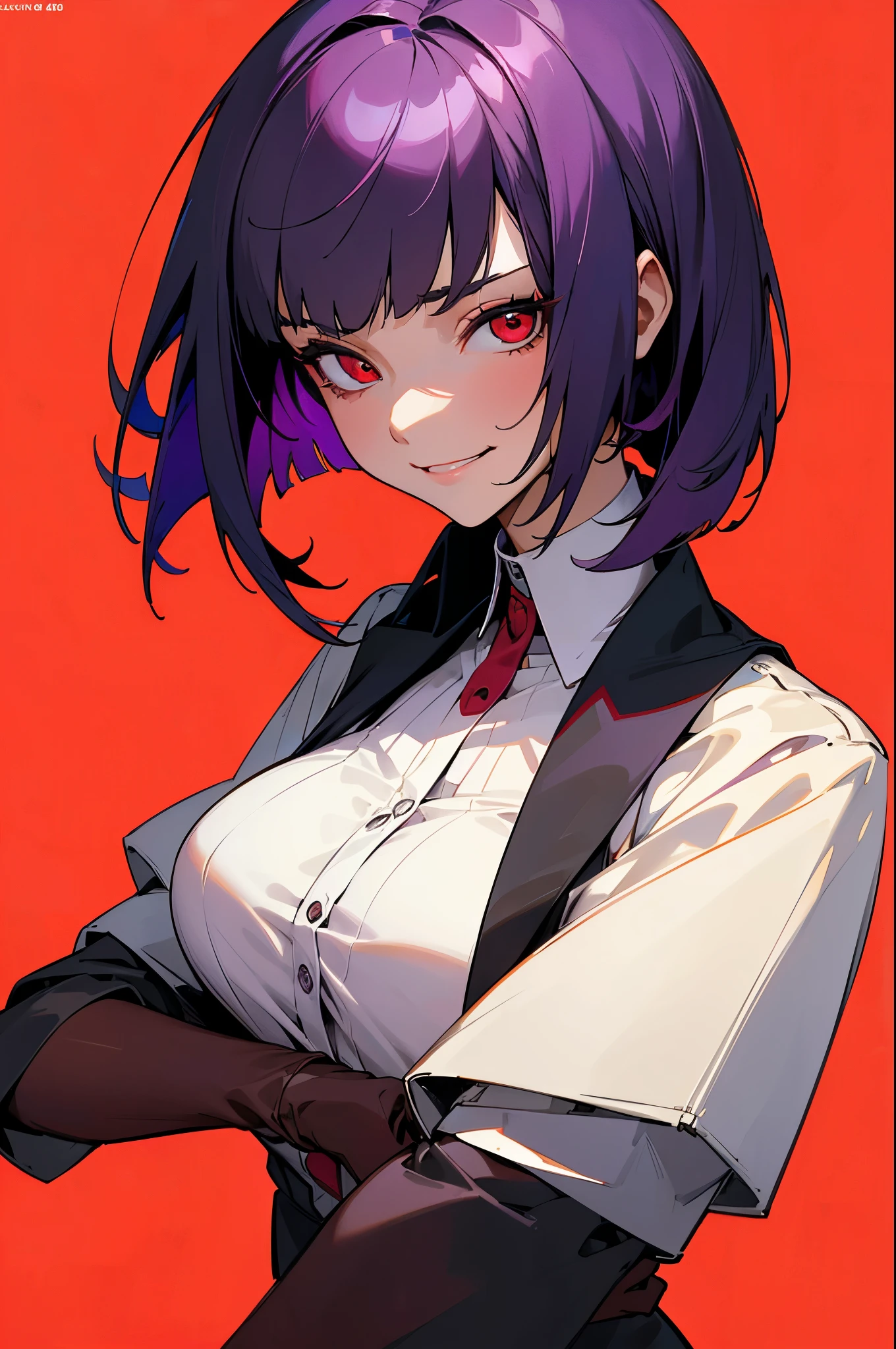 1girl, short purple hair, bob cut, red eyes, suit jacket, white shirt, black gloves, medium breast, smirk, solo, best quality, masterpiece, portrait, simple background, looking at the camera, from the front, 1result, vibrant, detailed, perfect anatomy, detailed art, high definition, 4k, high resolution, red background