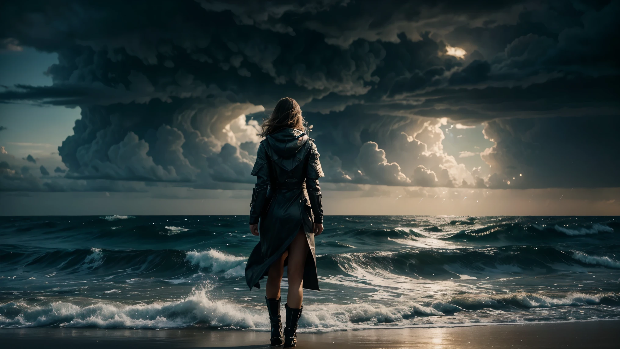 beautiful woman standing in a storm at an ocean, sci fi clouds, masterpiece, best quality, high quality, extremely detailed CG unit 8k wallpaper, award winning photography, Bokeh, Depth of Field, HDR, bloom, Chromatic aberration, photorealistic, extremely detailed, trending on artstation, trending on CGsociety, intricate, high detail, dramatic, mid-journey art, volumetric lighting, ultra realistic, 