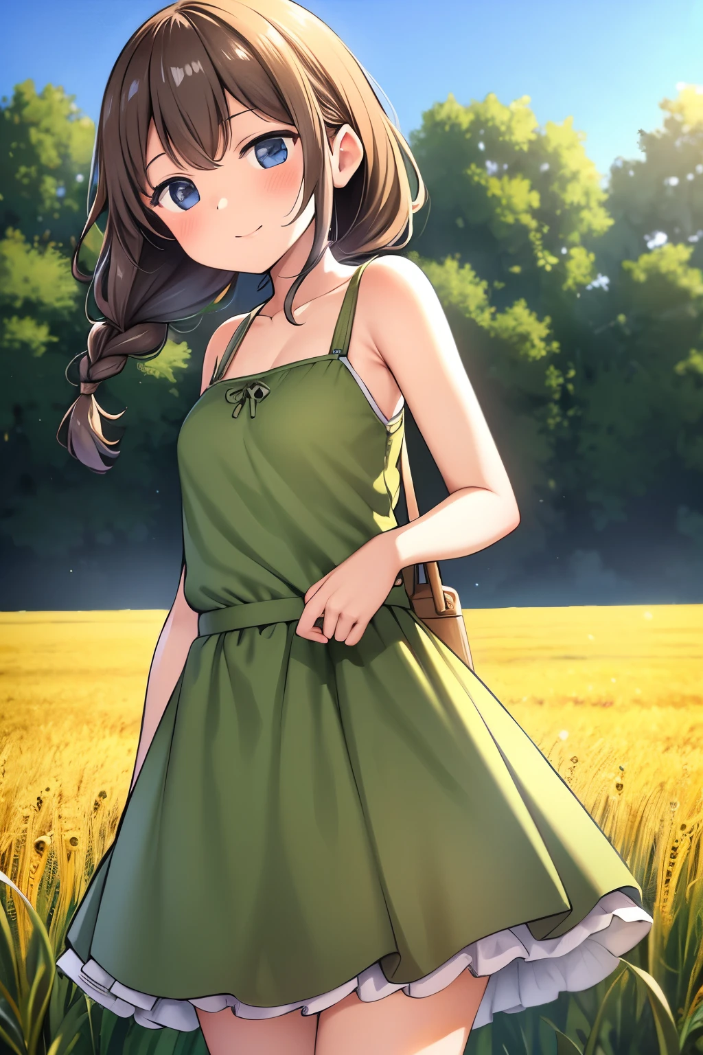 1girl, 20 years old, tall and attractive, wearing a cute country dress, hair braided, standing in a rustic farm setting. She has a soft, gentle smile and expressive eyes. In the background are charming barns, golden wheat fields and clear blue skies. The composition should be bathed in warm golden hour light, with soft depth of field and soft bokeh to accentuate the idyllic tranquility. Capture images as if they were shot on vintage 35mm film for added oomph, filmg,