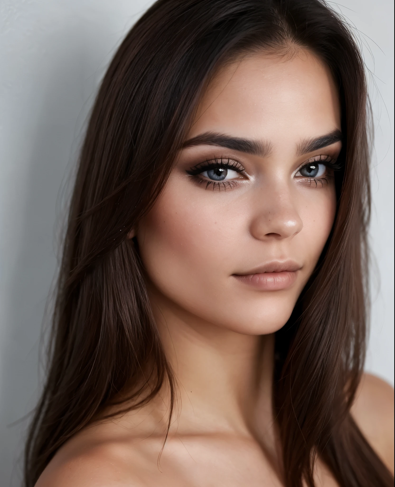Rostro de mujer hermosa, labios llenos, blue tabs, cejas oscuras, cara linda, Pelo oscuro, sin maquillaje, belleza natural