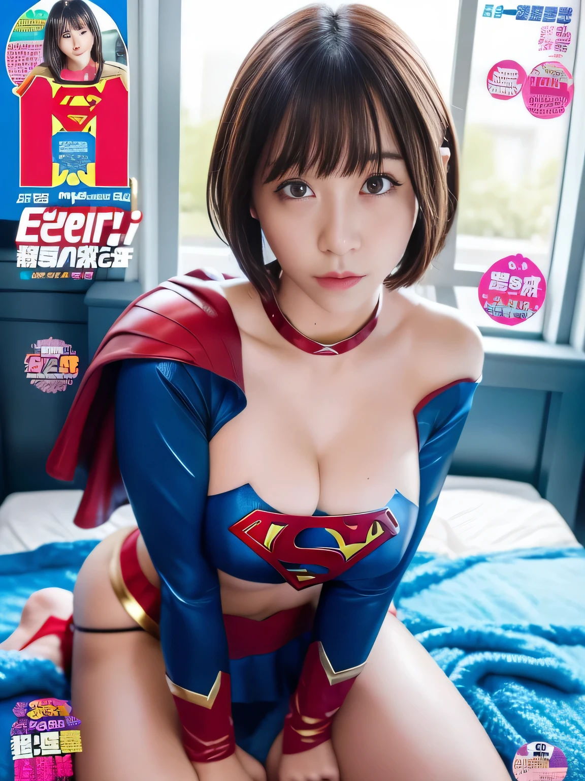 masterpiece、supergirl costume、short hair、barefoot、big and full breasts、public health center、after masturbating in bed、sexy pose、athlete、shiny、looking at camera、Seduce、choker、long sleeve、red mini skirt、Weekly magazine cover、Sculpture Magazines、sweaty、radical、