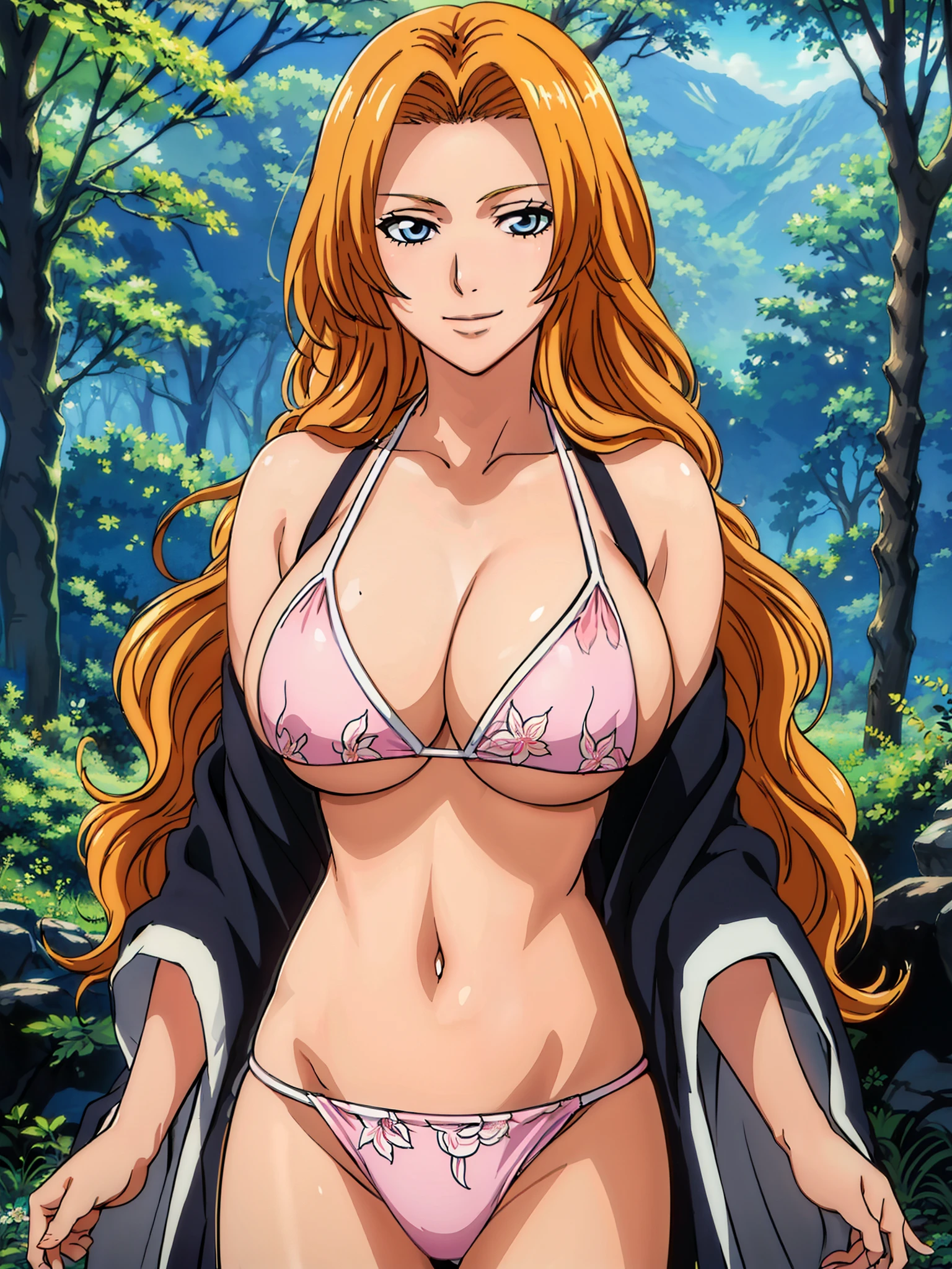 very tempting pose, standing, flower pattern bikini, (forest background), matsumoto rangiku, takeda hiromitsu style, anime cels style, best quality, high resolution, (huge breasts:1.3), cowboy shot, (potrait body), blush, smiling, blue eyes, Blonde hair, bangs,Long_hair, 1 girl, looking at viewer