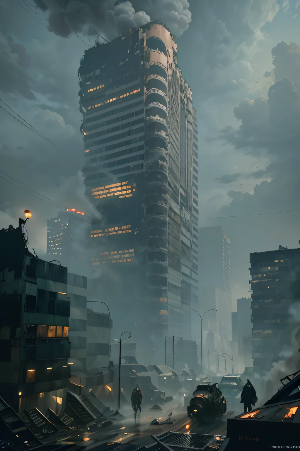 An abandoned cityscape with crumbling buildings and crumbling streets, with the shadows casting long shadows across the landscape. The air is filled with the smell of rotting food and decaying clothing, with the occasional hint of smoke and steam rising from the ruins. The moon casts a warm glow on the scene, contrasting with the dark and dank atmosphere of the abandoned city. shallow depth of field, low light, long exposure