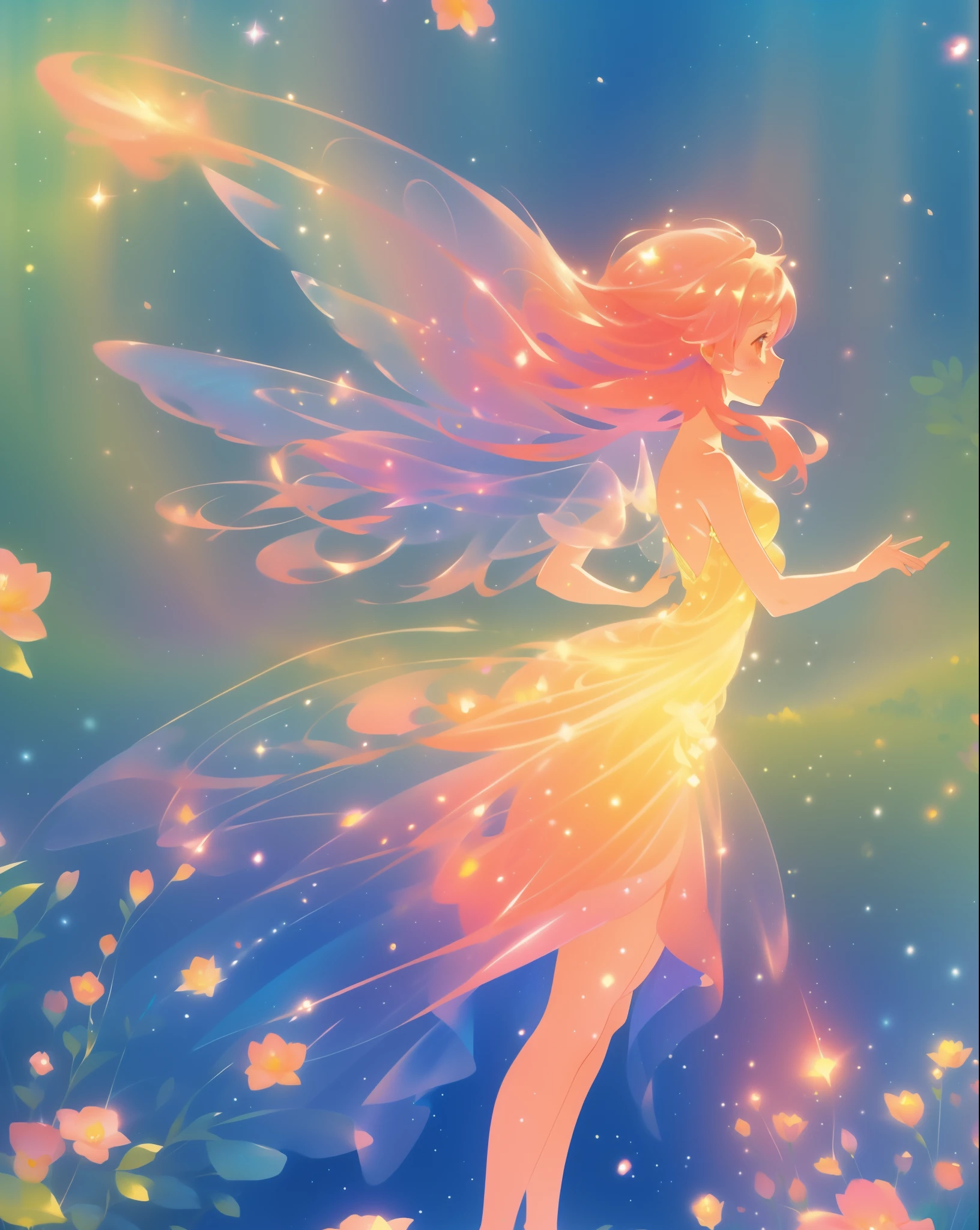 beautiful fairy girl in a sparkling layered dress, long flowing pink peach red hair, (large sparkling colorful fairy wings on her back), colorful fantasia background, flowers meadow, watercolor illustration, disney art style, glowing aura around her, glowing lights, beautiful digital illustration, fantasia otherworldly landscape plants flowers, beautiful, masterpiece, best quality, anime disney style