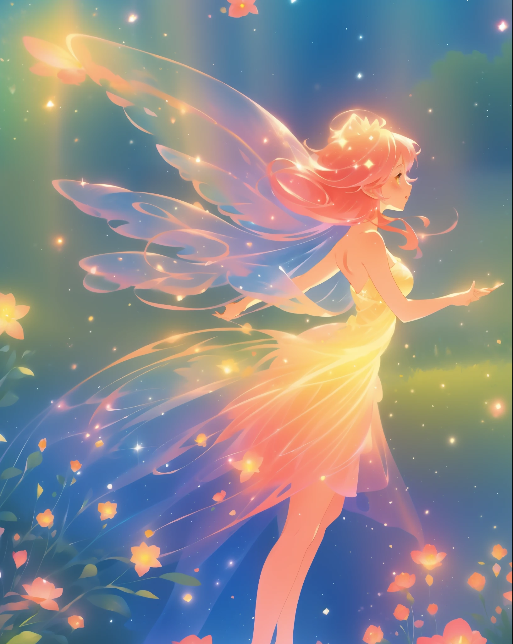 beautiful fairy girl in a sparkling layered dress, long flowing pink peach red hair, (large sparkling colorful fairy wings on her back), colorful fantasia background, flowers meadow, watercolor illustration, disney art style, glowing aura around her, glowing lights, beautiful digital illustration, fantasia otherworldly landscape plants flowers, beautiful, masterpiece, best quality, anime disney style