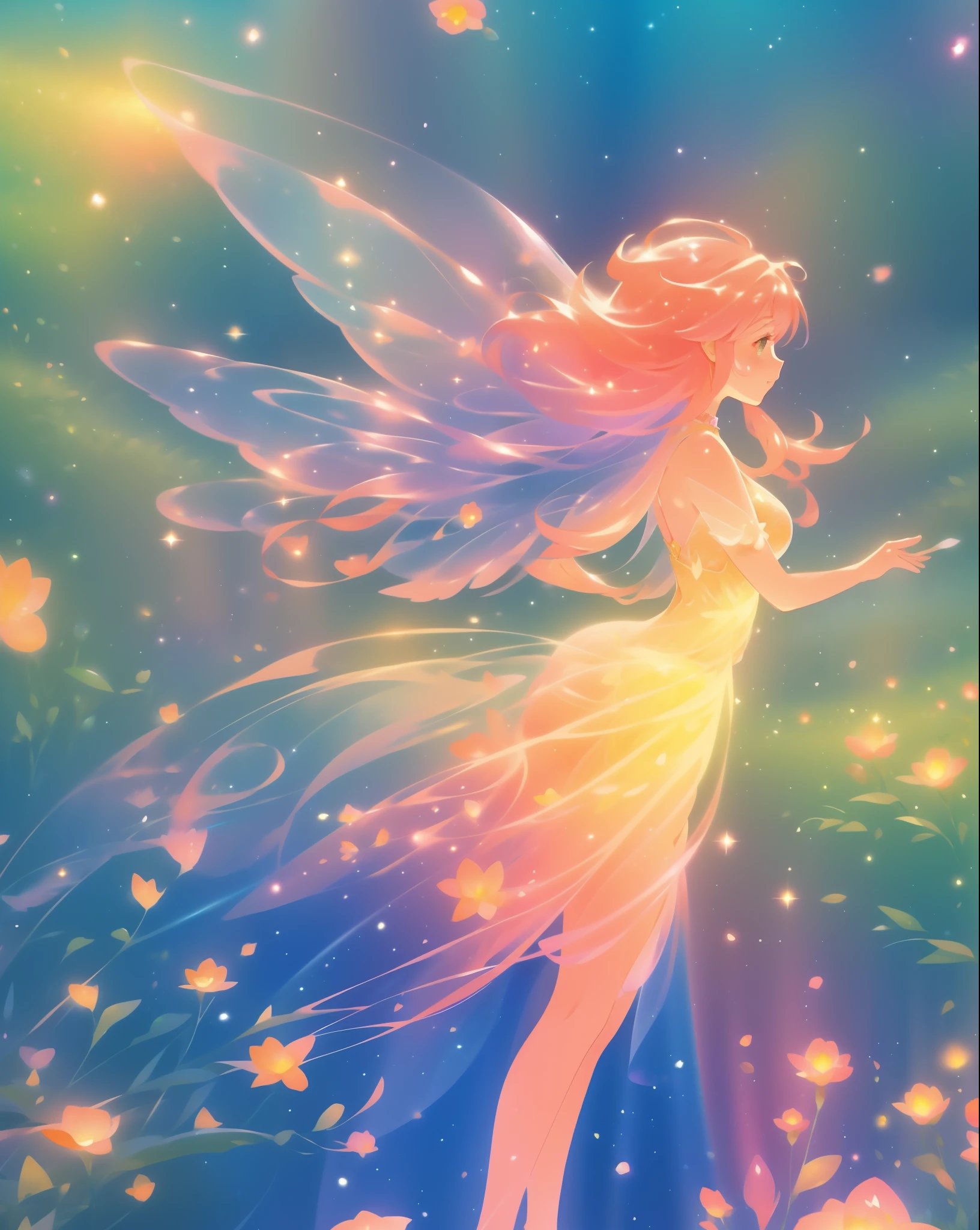 beautiful fairy girl in a sparkling layered dress, long flowing pink peach red hair, (large sparkling colorful fairy wings on her back), colorful fantasia background, flowers meadow, watercolor illustration, disney art style, glowing aura around her, glowing lights, beautiful digital illustration, fantasia otherworldly landscape plants flowers, beautiful, masterpiece, best quality, anime disney style