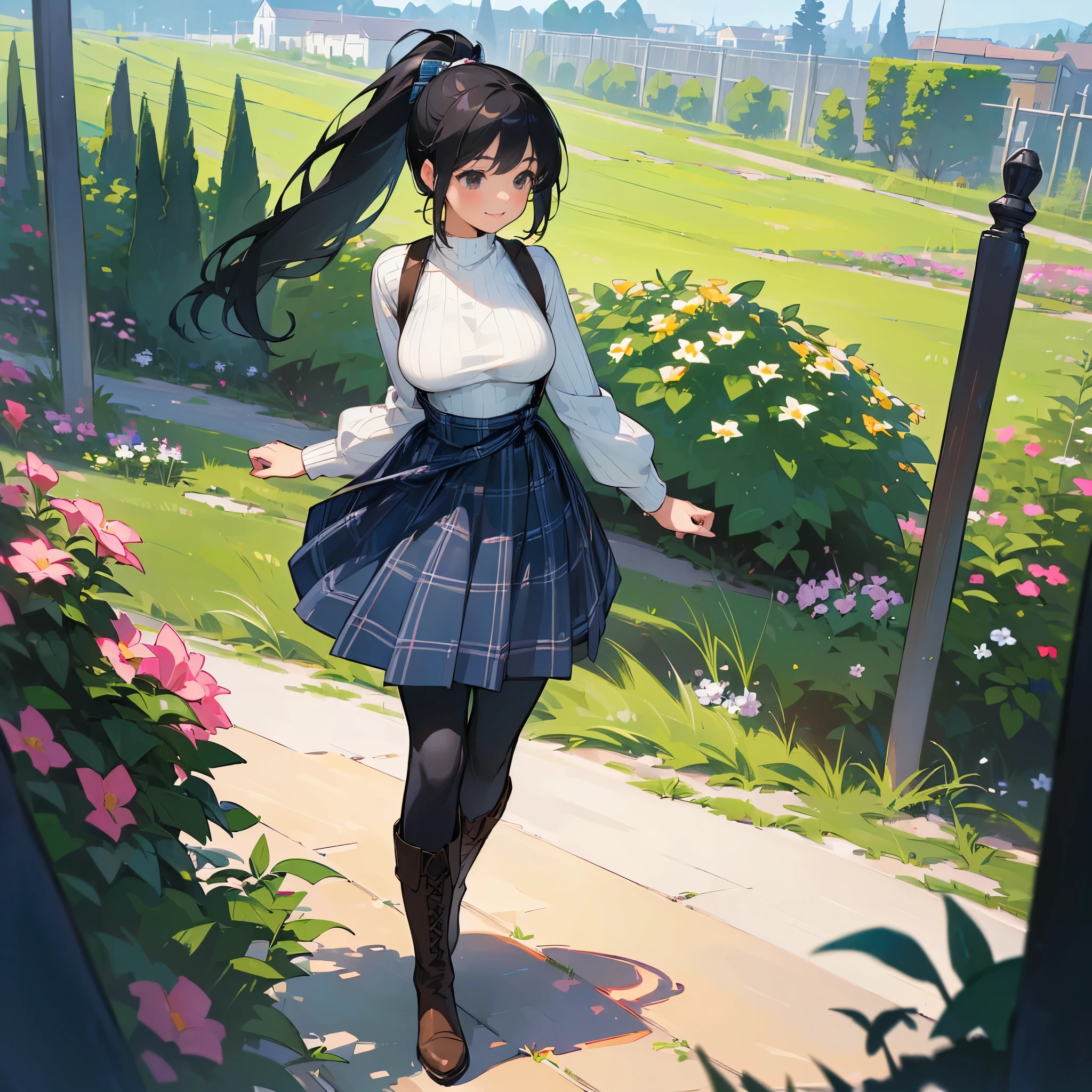 (high quality, High resolution, Super detailed, reality:1.37), peaceful atmosphere, (outdoor, garden), teenage girl standing alone, (my breasts are big.), Beautiful detail features, cute smile, (black hair ponytail), ribbed sweater, blue plaid skirt, black tights, brown boots.