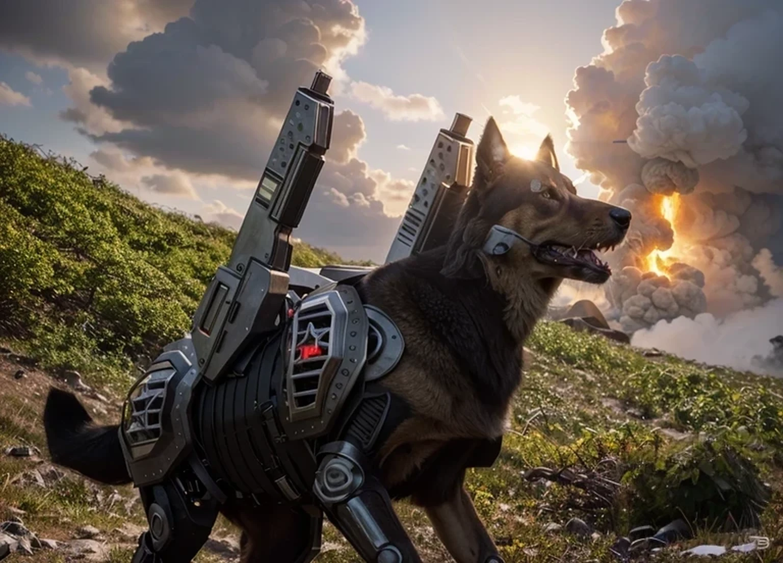 Siberian dog cyborg, mechanical parts, cybernetic inserts, rhogotic inserts in its legs, red cybernetic eyes, metallic robotic lower jaw with sharp metal teeth, metal armor plates, on its back it has laser cannons, outside a Russian forest, a lot of fire, explosions, smoke, snowy forest, realistic, 4k, Ultra detailed image, realistic, Highly detailed, perfect composition, gorgeous, Intricately detailed, incredibly detailed, Art photography 8K, hyper detailed, Masterpiece, Ultra detailed, hyper realistic, 4k, Ultra detailed image, realistic, Highly detailed, perfect composition, beautiful, intricately detailed, incredibly detailed, art photography 8k, hyper detailed, masterpiece