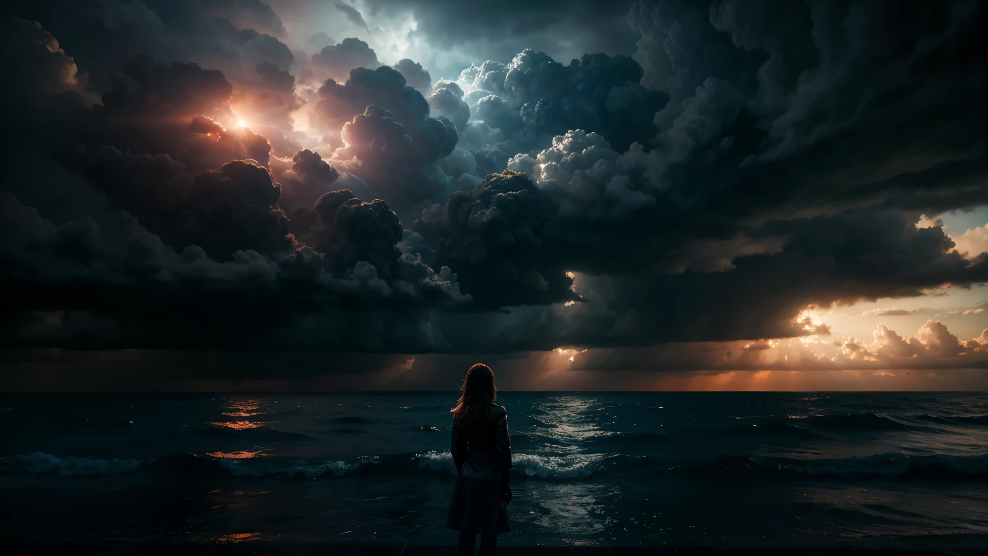 beautiful woman standing far away in a storm at an ocean, sci fi clouds, cinematic view, masterpiece, best quality, high quality, extremely detailed CG unit 8k wallpaper, award winning photography, Bokeh, Depth of Field, HDR, bloom, Chromatic aberration, photorealistic, extremely detailed, trending on artstation, trending on CGsociety, intricate, high detail, dramatic, mid-journey art, volumetric lighting, ultra realistic, dark, red lights,