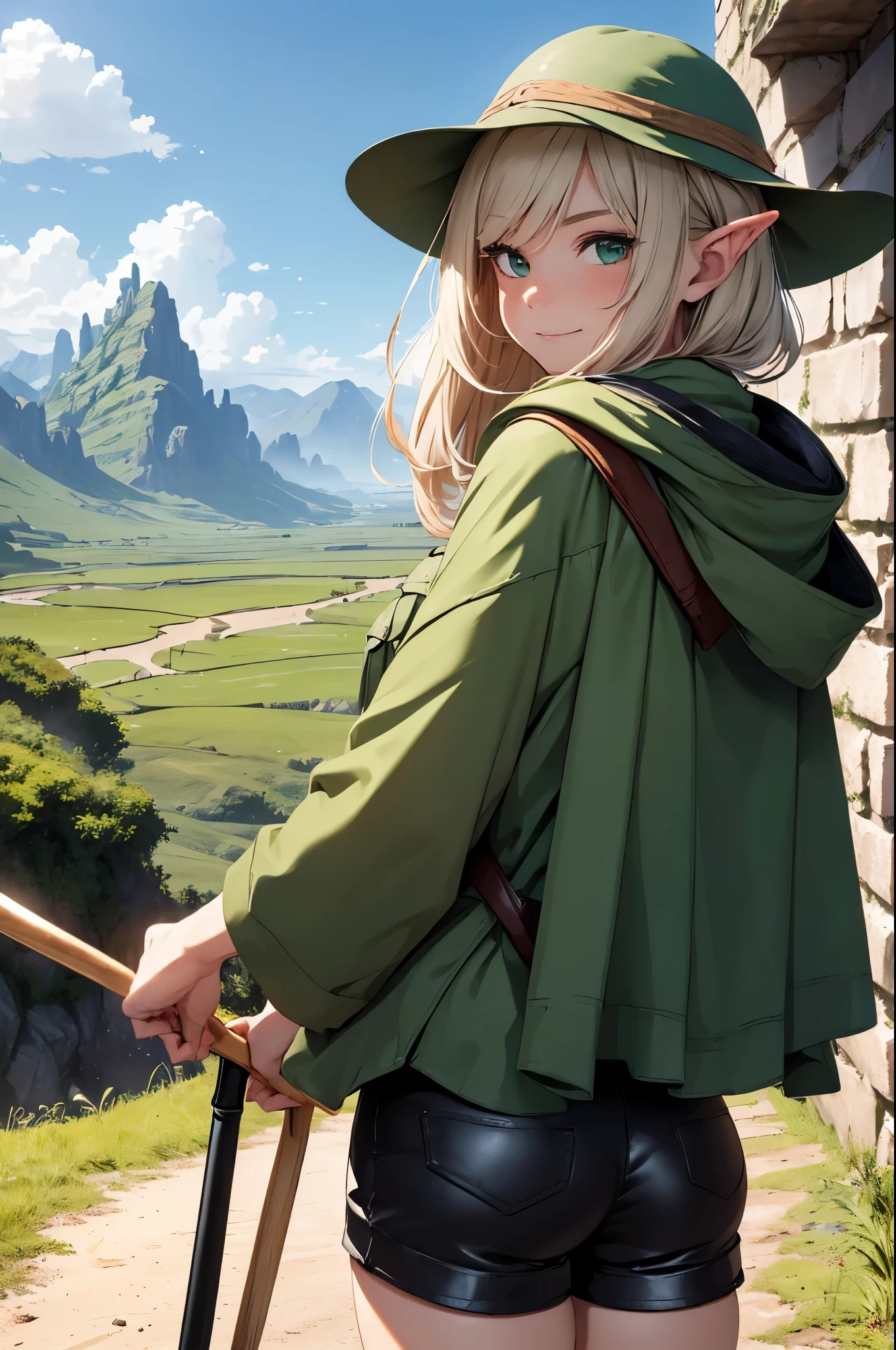 (((((girl))))), masterpiece, ultra detailed, 8K Portrait, Raw photo, woman's portrait photography, full body, Highly detailed smile face, ((Fantasy)), (((hobbit))), ((Adult)), 45 years old, 110cm, (((cave explorer))), ((white skin)), greenish blond twin tail hair, (wearing a helmet), (((dark green silk long cloak))) Fluttering in the wind, (((explorer safari jacket))), leather grooves, (((short pants))), (((large back pack))), (((equip a pickaxe))), Midday sun, Hyper realistic, Slender body, by the foggy castle, Ambient lighting, Shadow details , Camera focus on face, strong breeze, Light fog