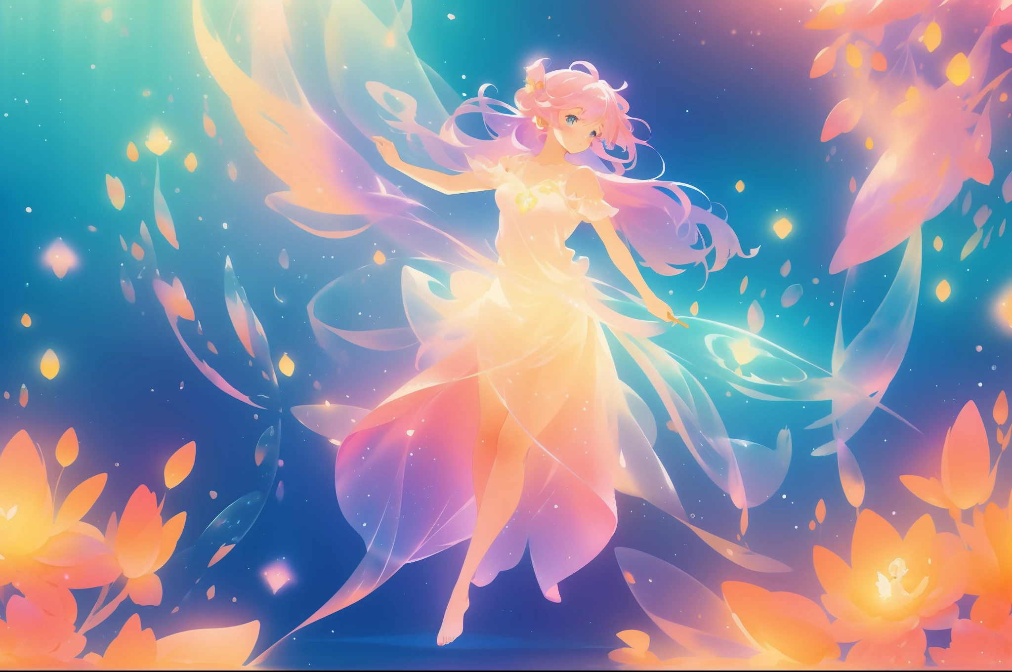 beautiful fairy girl in flowing multi-colorful dress, long flowing pink peach purple hair, large fairy wings on her back, colorful fantasia background, watercolor illustration, disney art style, glowing aura around her, glowing lights, beautiful digital illustration, fantasia otherworldly flowers, beautiful, masterpiece, best quality, anime disney style