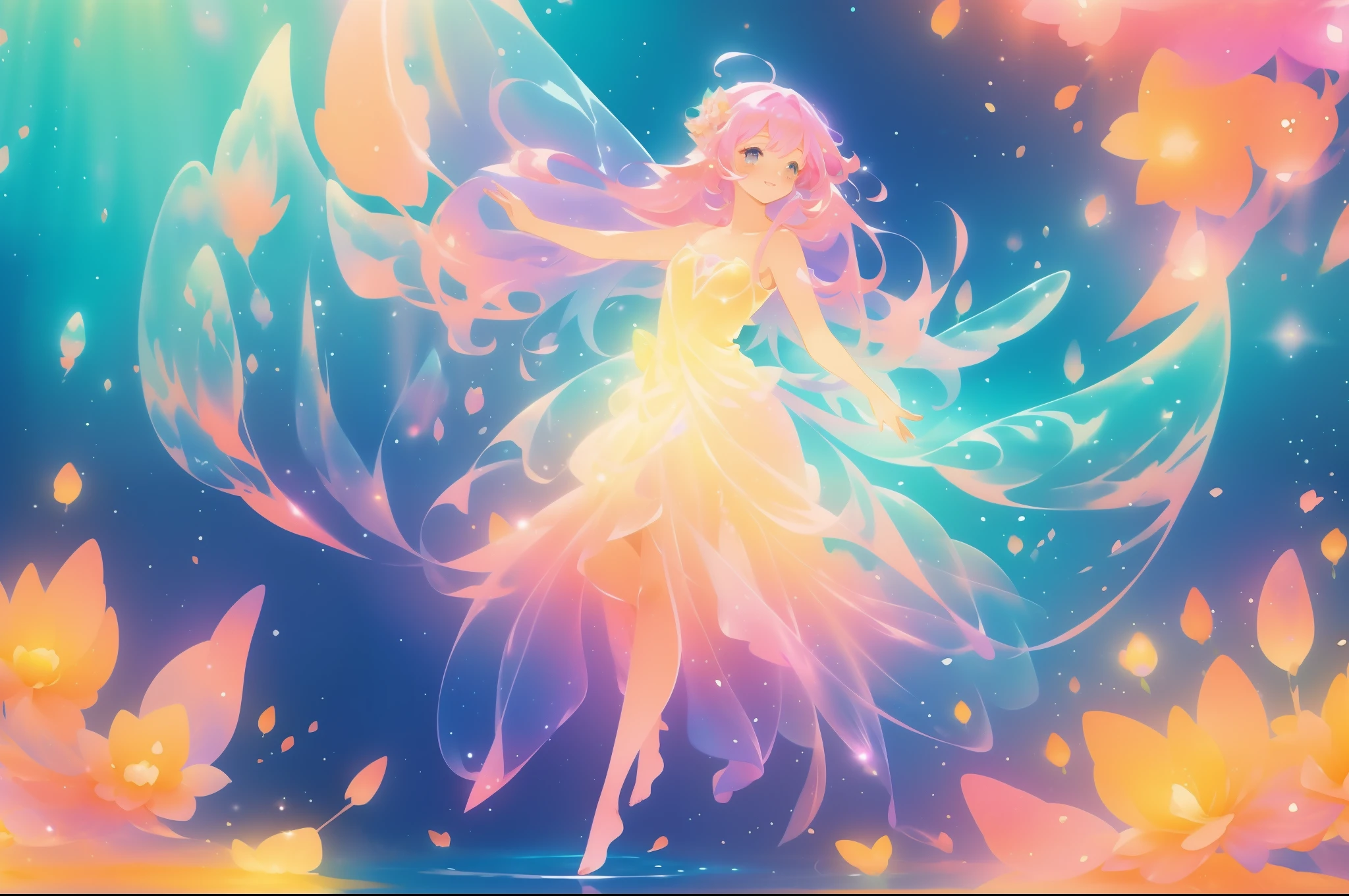 beautiful fairy girl in flowing multi-colorful dress, long flowing pink peach purple hair, large fairy wings on her back, colorful fantasia background, watercolor illustration, disney art style, glowing aura around her, glowing lights, beautiful digital illustration, fantasia otherworldly flowers, beautiful, masterpiece, best quality, anime disney style