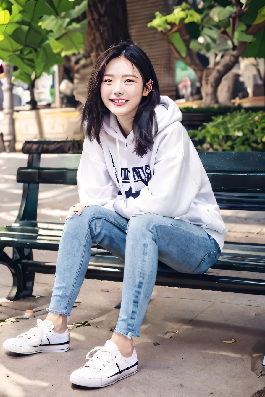 masterpiece, highest quality, High resolution, A neat and beautiful woman sitting on a park bench、black hair、hoodie、skinny denim、sneakers、refreshing smile、toothy smile、full body photo