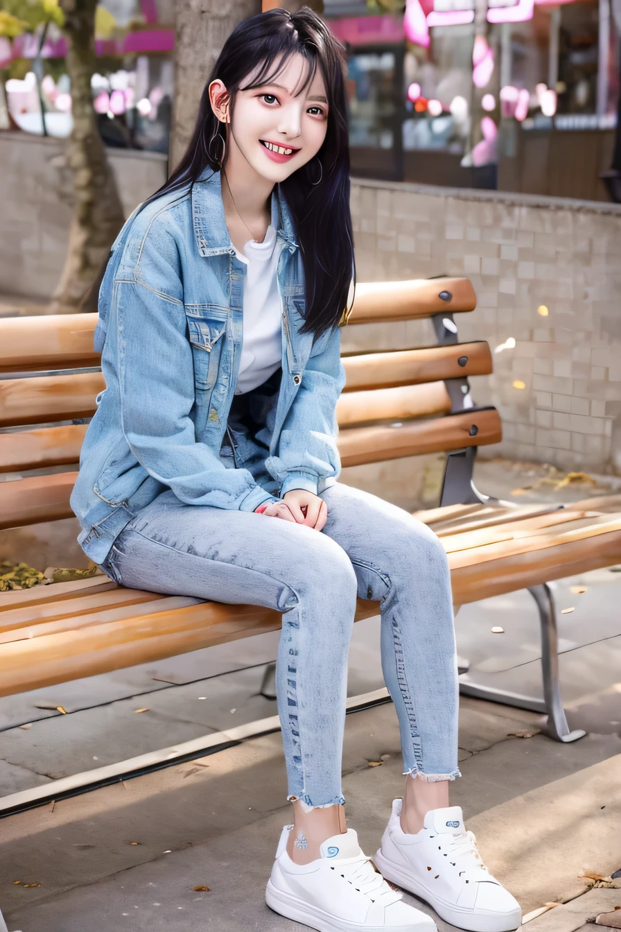 A neat and beautiful woman sitting on a park bench、black hair、hoodie、ear piercing、skinny denim、sneakers、smile。、beautiful teeth、full body photo、