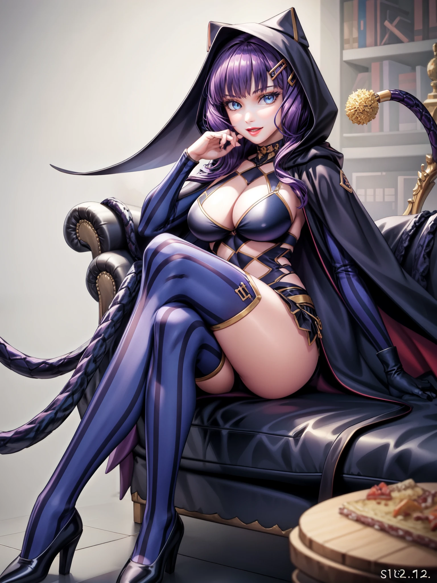 perfect eyes:1.2, detailed eyes:1.4, realistic:1.4, hair, shaded face, purple hair, hair over shoulder, robe, cape, fringe, tentacles, argyle, checkered, clothing cutout, stripedthighhighs, black and blue vertical striped thighhighs, makeup, lipstick, hood up, cleavage, sitting, 1girl, solo, (masterpiece:1.6, best quality),