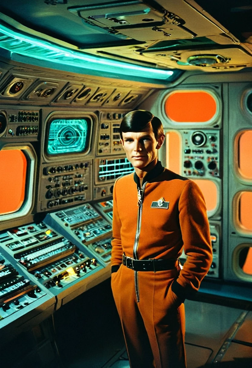 (((INNER IMAGE of a Large vast immense spaceship))) Large vast immense Interior image of an old starship from a 1960s TV series, ((((sober colors, serious colors)))), lost in space, republic series, Irwin Allen TV show, science fiction, colorful Star style uniforms Trek and lost in space, retro look, Vintage, old style, perfect faces like actors from the 1960s, ((perfect faces)), large sci-fi indoor set, ((perfect faces)), Crew, highlighted faces, alien , robot, science fiction, TV studio lighting , old style image, TV series style, (((indoors)))