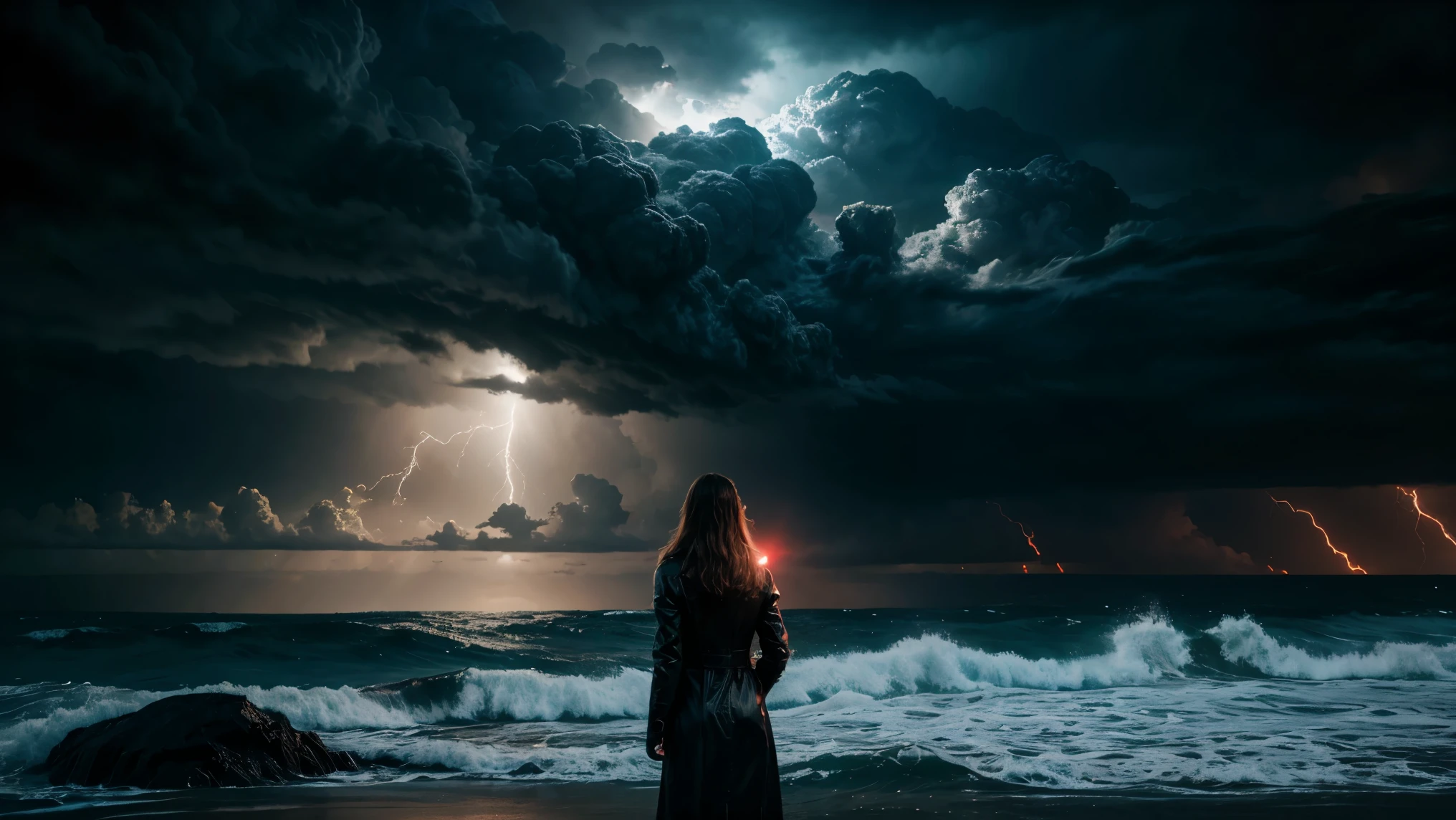 beautiful woman standing far away in a storm at an ocean, sci fi clouds, cinematic view, masterpiece, best quality, high quality, extremely detailed CG unit 8k wallpaper, award winning photography, Bokeh, Depth of Field, HDR, bloom, Chromatic aberration, photorealistic, extremely detailed, trending on artstation, trending on CGsociety, intricate, high detail, dramatic, mid-journey art, volumetric lighting, ultra realistic, dark, red lights,