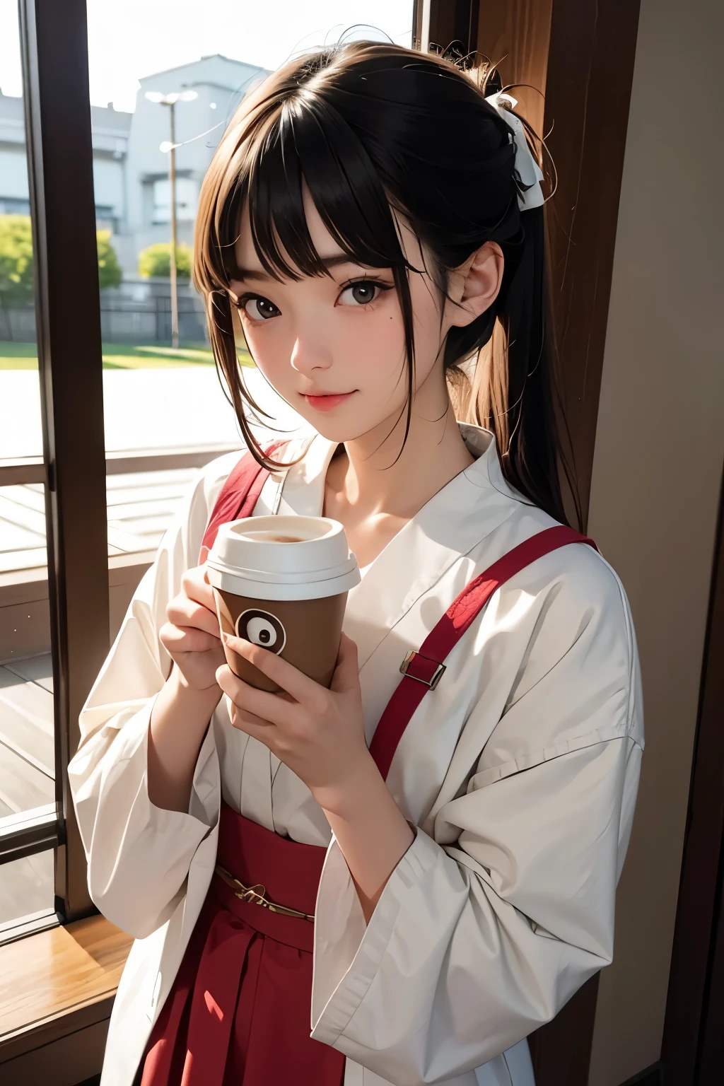 young girl holding coffee cup in hand, cute girl, cute-fine face, cute-fine-face, Sakimi-chan, Chiho, Yoshitomo Nara, young cute face, beautiful Japan girl face, brown hair and big eyes, cute pretty girl, beauty