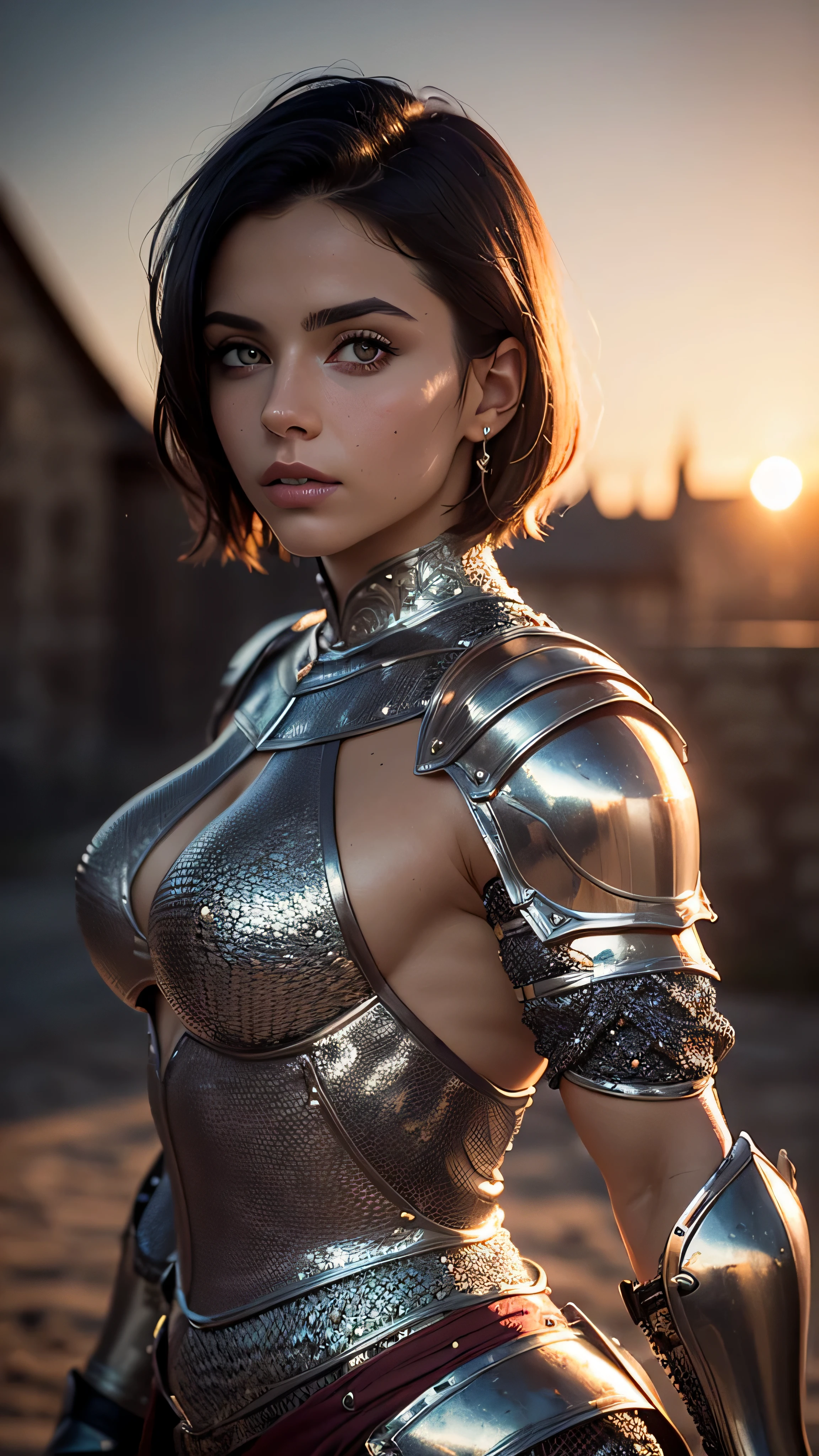 ((high resolution)), athletic, defined muscles, ((pale skin)), freckled, brunette teen, with blue eyes, curly pixie haircut, ((large breasts)), naked, sexy armor, steampunk, Victorian city