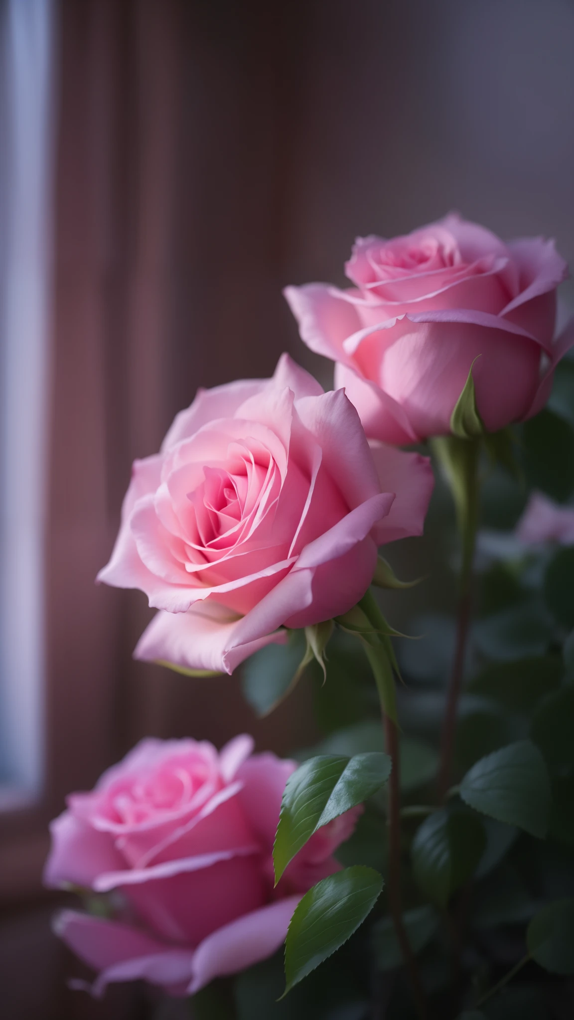 Pink roses growing on garden bush, Pink roses, Roses in movie lights, pink pink, Rose Downings, photo of a rose, Anna Nikonova, soft pink, Photos taken with Canon 5D, Pink soft light 4K, Shot with Pentax K1000, incredibly beautiful, Melancholy rose soft light