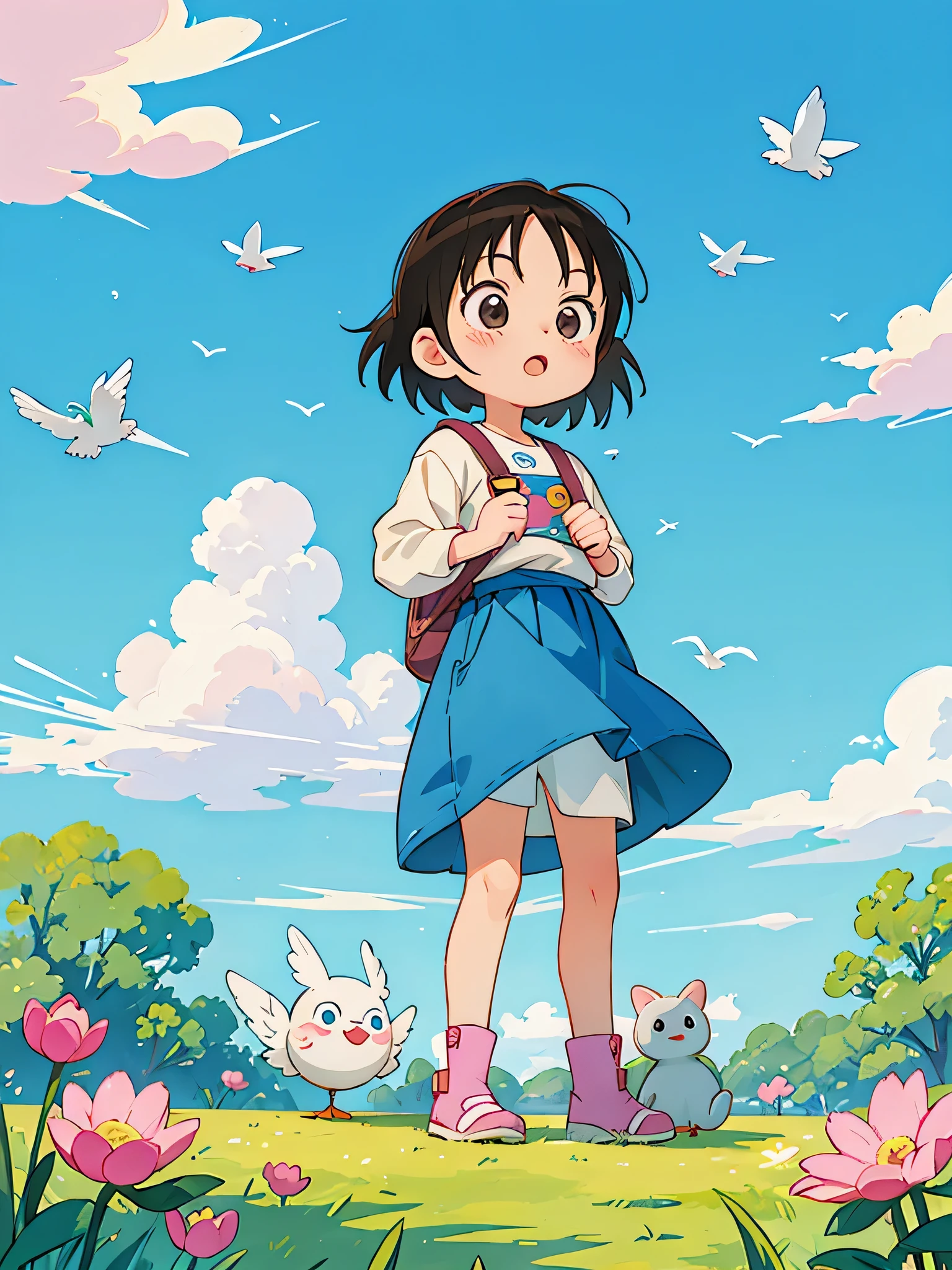 akira toriyama style, Kawaii Design, most beautiful girl ever、beautiful spring afternoon、birdie、Look up at the sky and take a deep breath