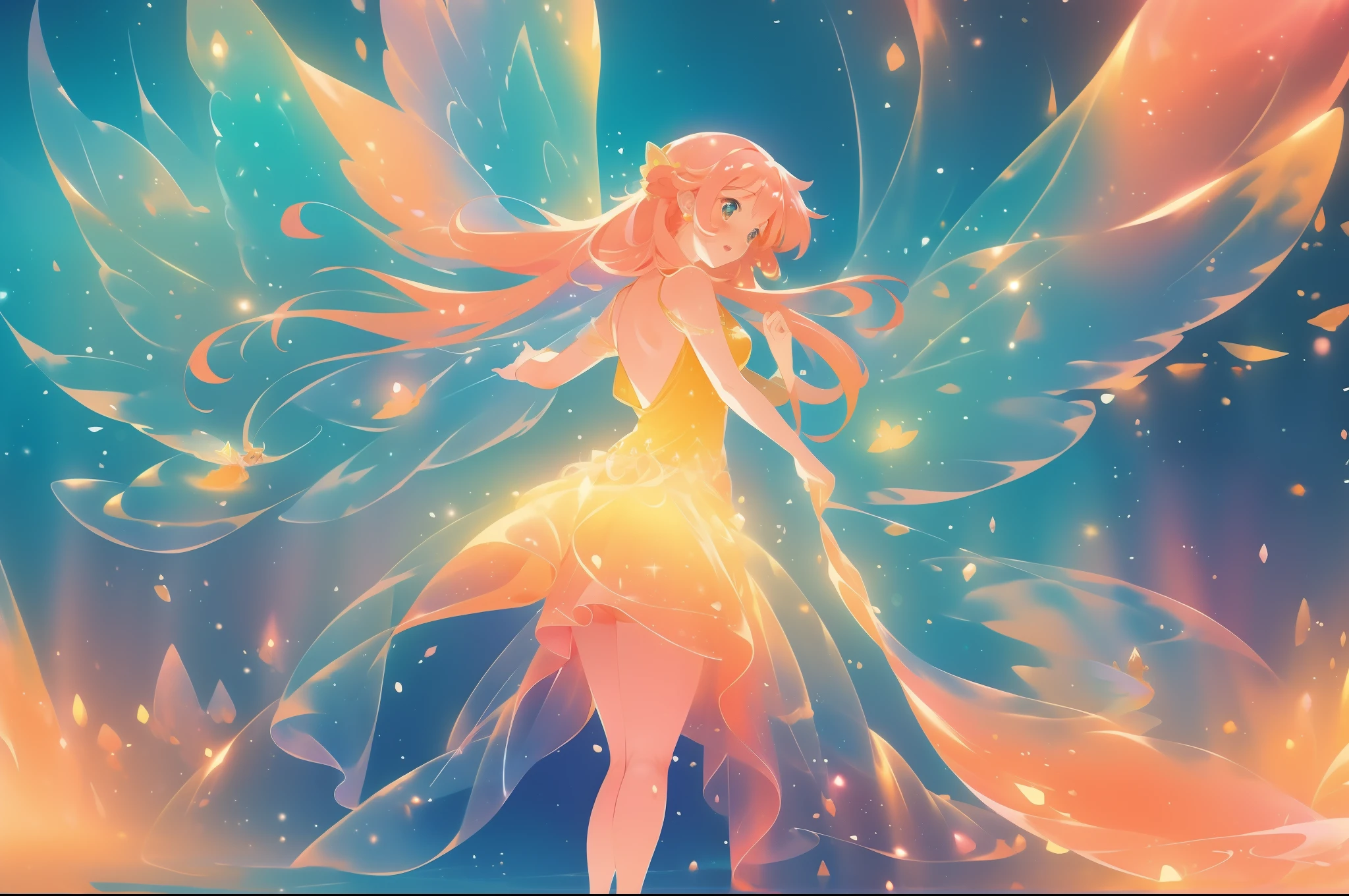 beautiful fairy girl in flowing yellow peach dress, long flowing pink peach red hair, large sparkling fairy wings on her back, colorful fantasia background, watercolor illustration, disney art style, glowing aura around her, glowing lights, beautiful digital illustration, beautiful, masterpiece, best quality, anime disney style